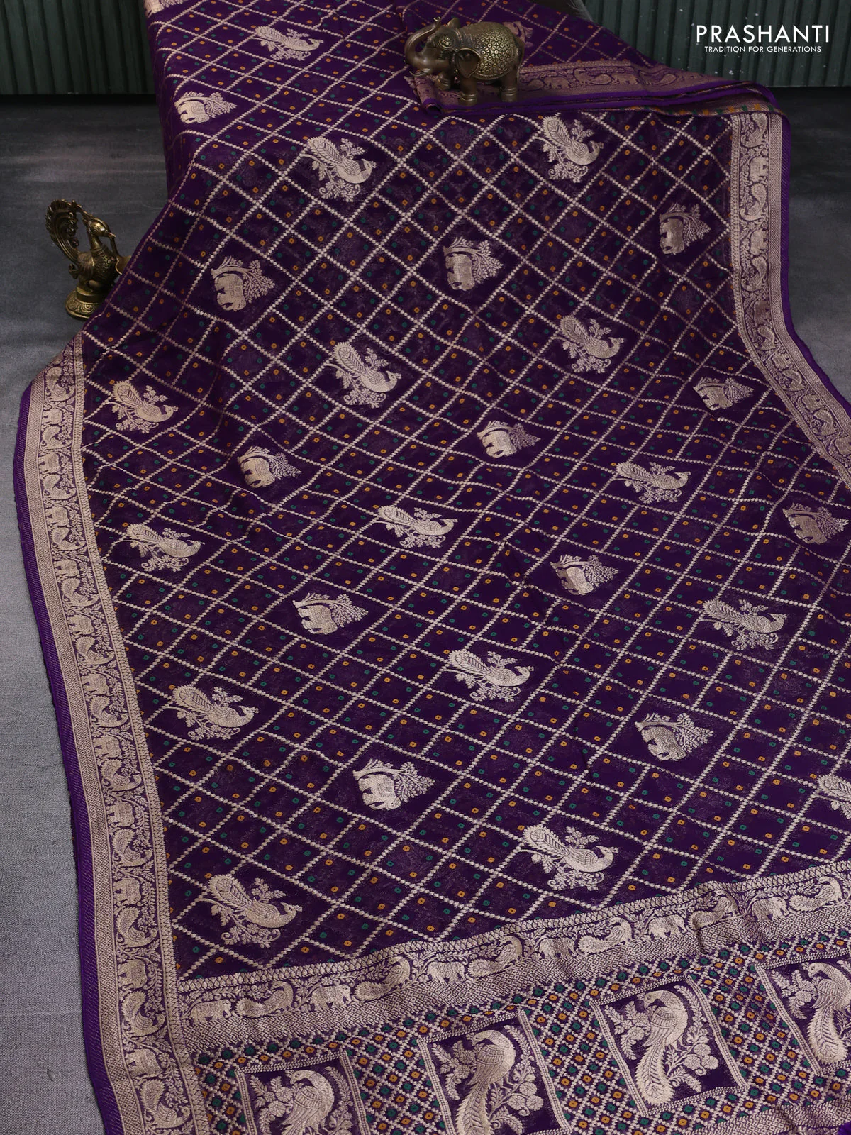 Banarasi semi georgette saree violet with allover zari weaves & bandhani thread buttas and zari woven border - Image 2