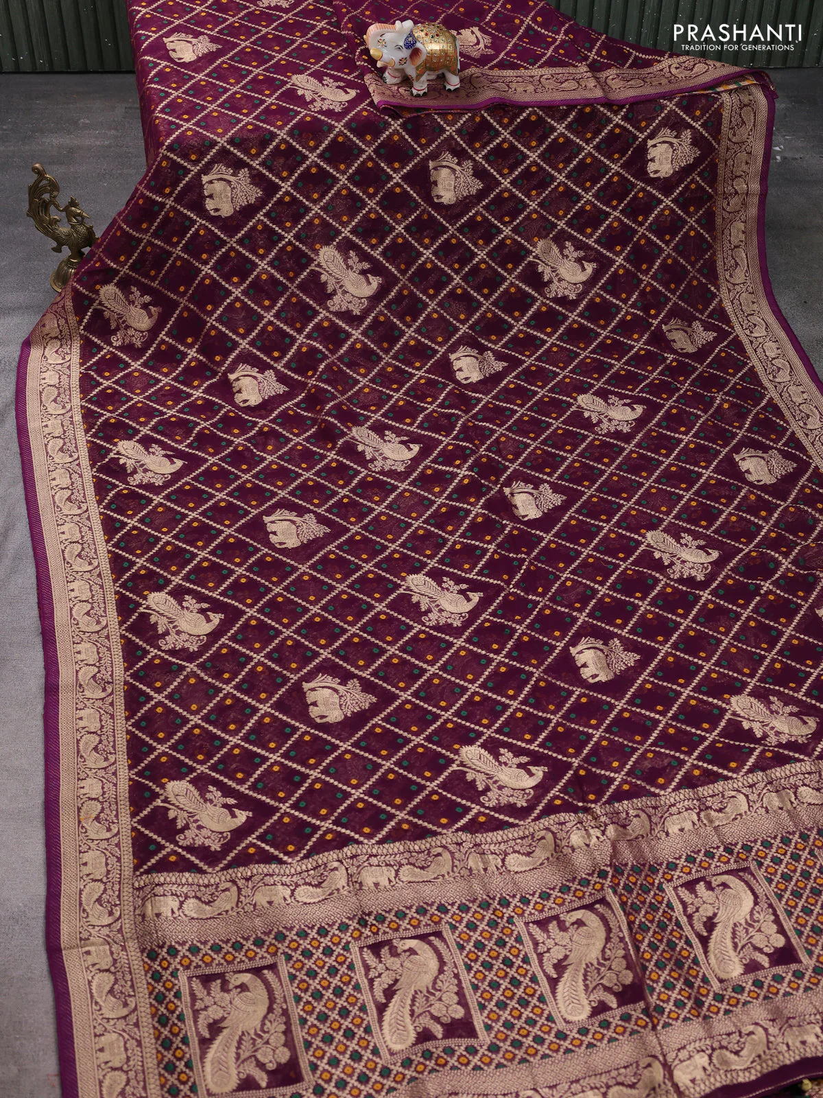 Banarasi semi georgette saree wine shade with allover zari weaves & bandhani thread buttas and zari woven border - Image 2
