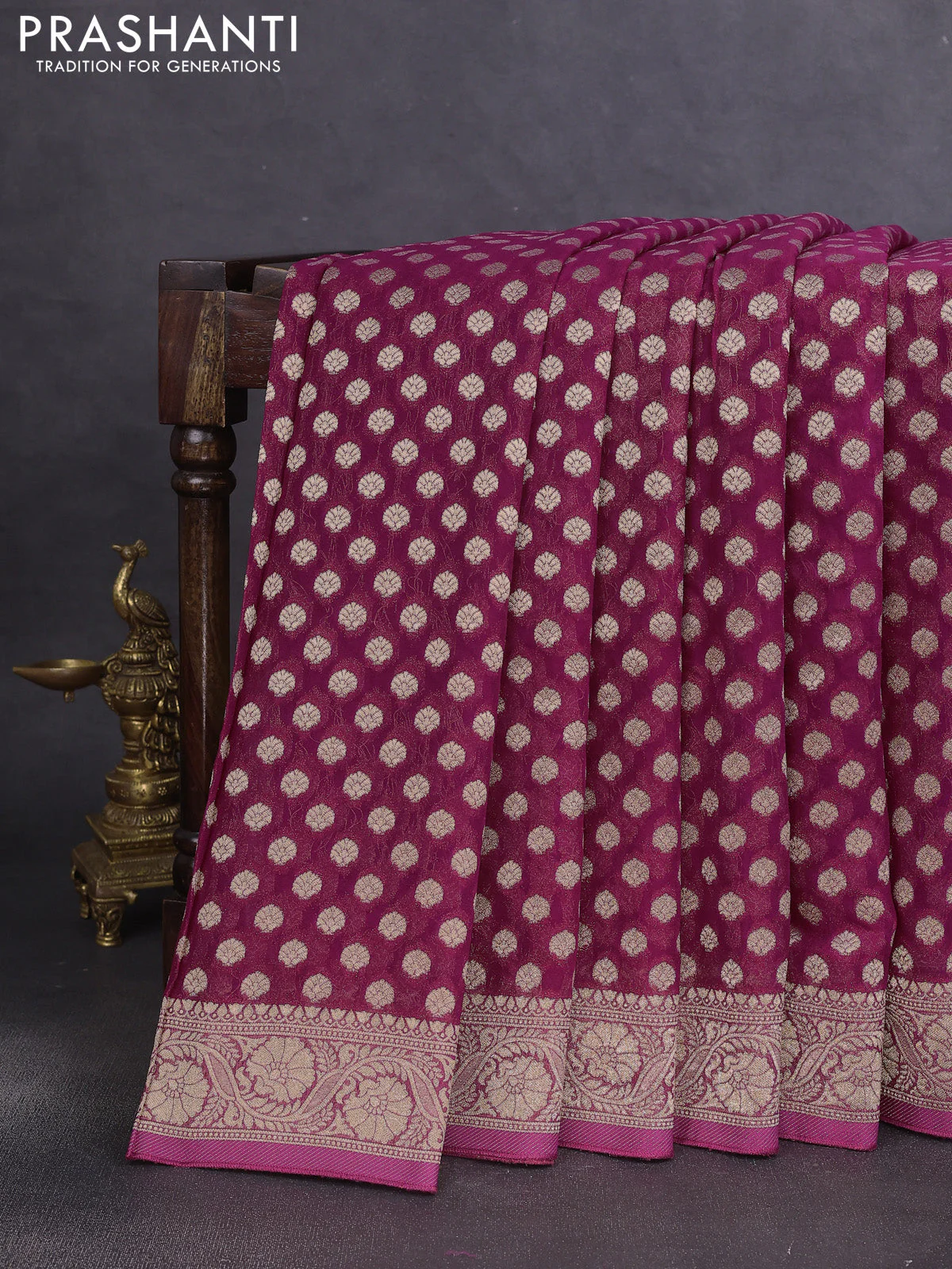 Banarasi semi georgette saree wine shade with allover zari woven buttas and zari woven border