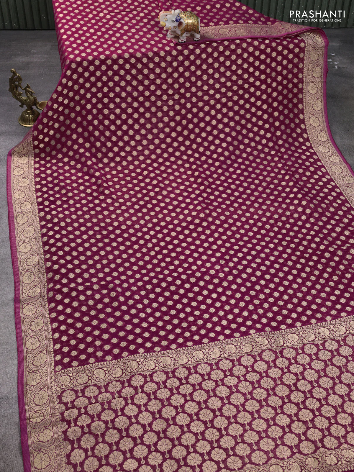 Banarasi semi georgette saree wine shade with allover zari woven buttas and zari woven border - Image 2