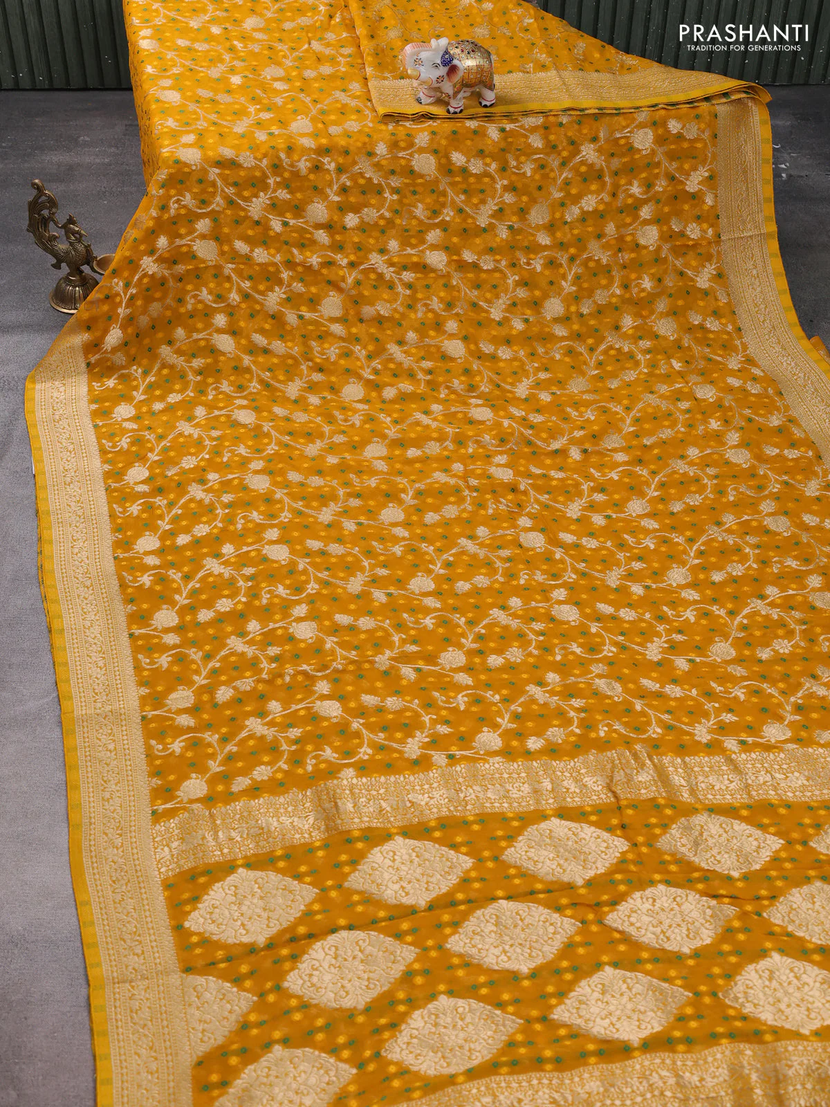 Banarasi semi georgette saree yellow with allover zari weaves & bandhani thread buttas and zari woven border - Image 2