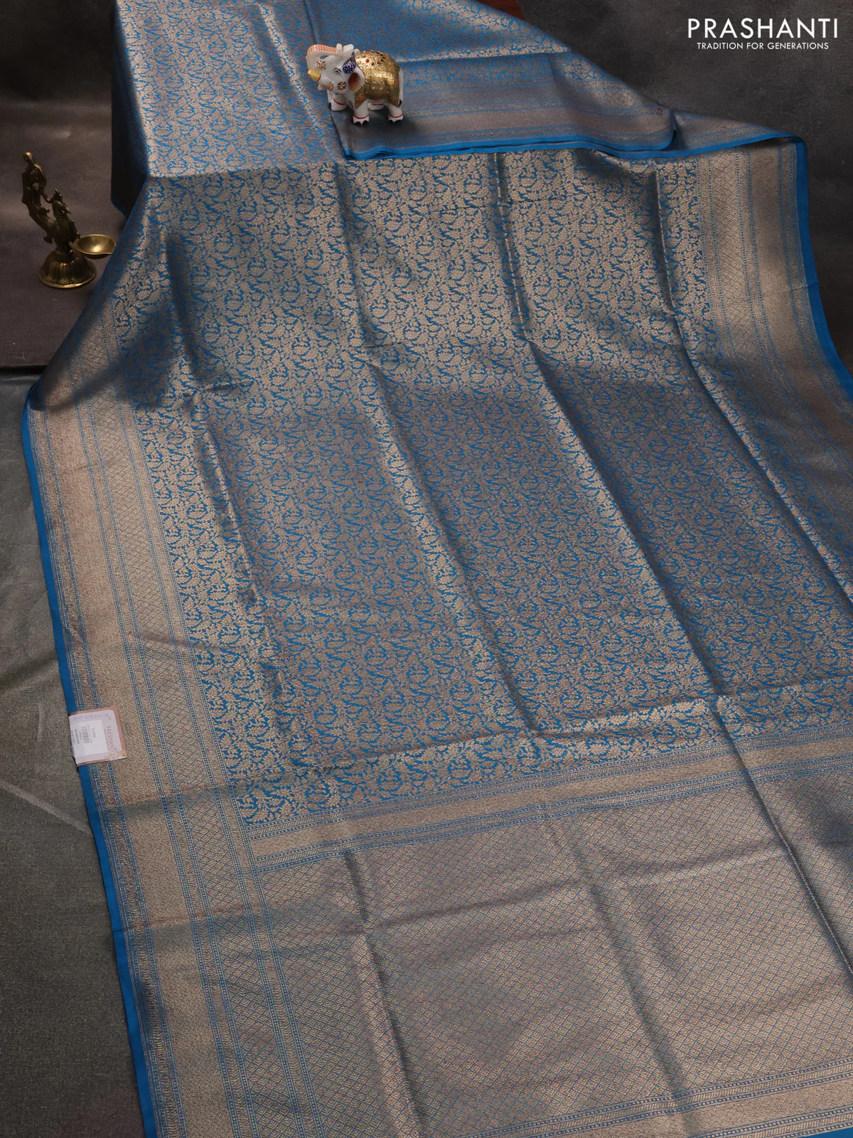 Banarasi semi katan saree cs blue with allover thread & zari brocade weaves and woven border - Image 2