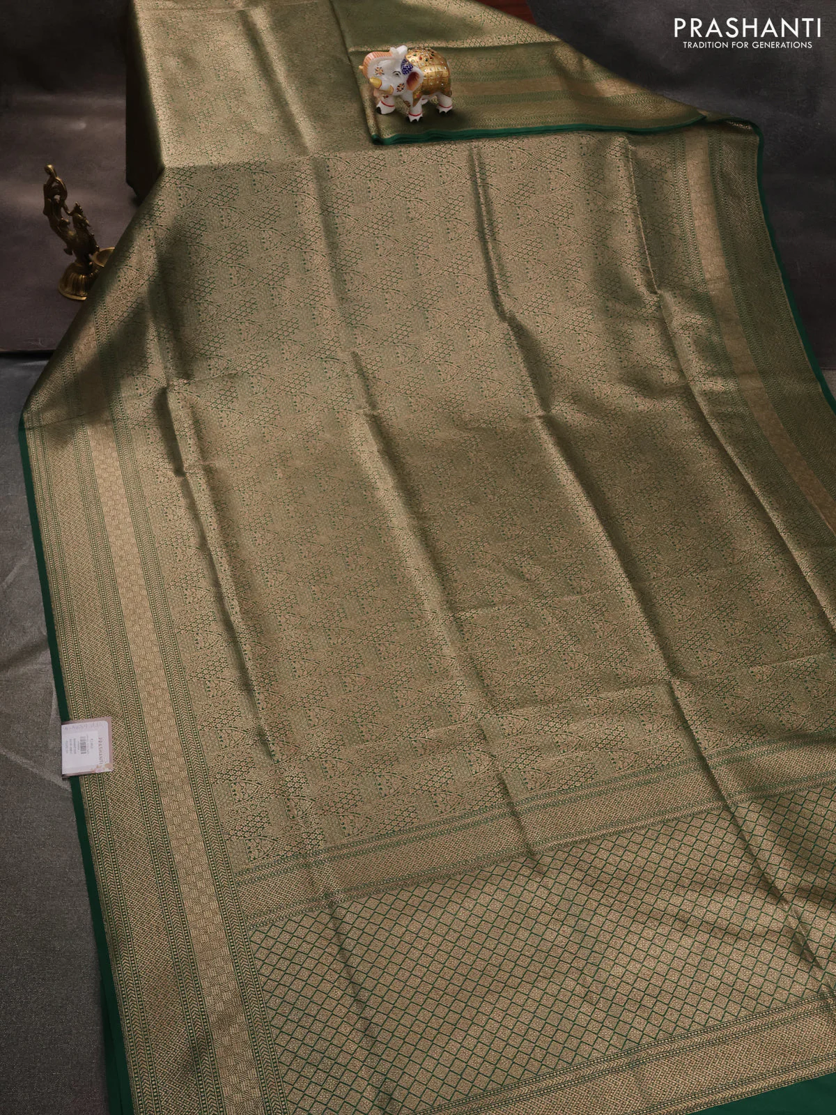 Banarasi semi katan saree green with allover thread & zari woven brocade weaves and woven border - Image 2