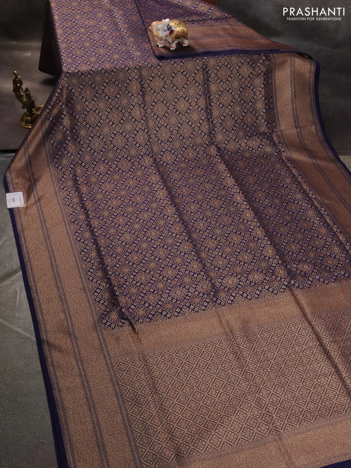 Banarasi semi katan saree navy blue with allover thread & zari weaves and woven border - Image 2