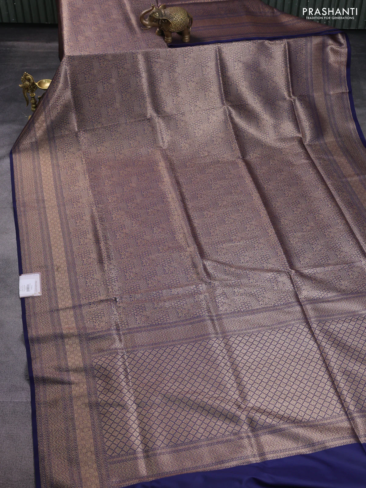 Banarasi semi katan saree navy blue with allover thread & zari woven brocade weaves and woven border - Image 2