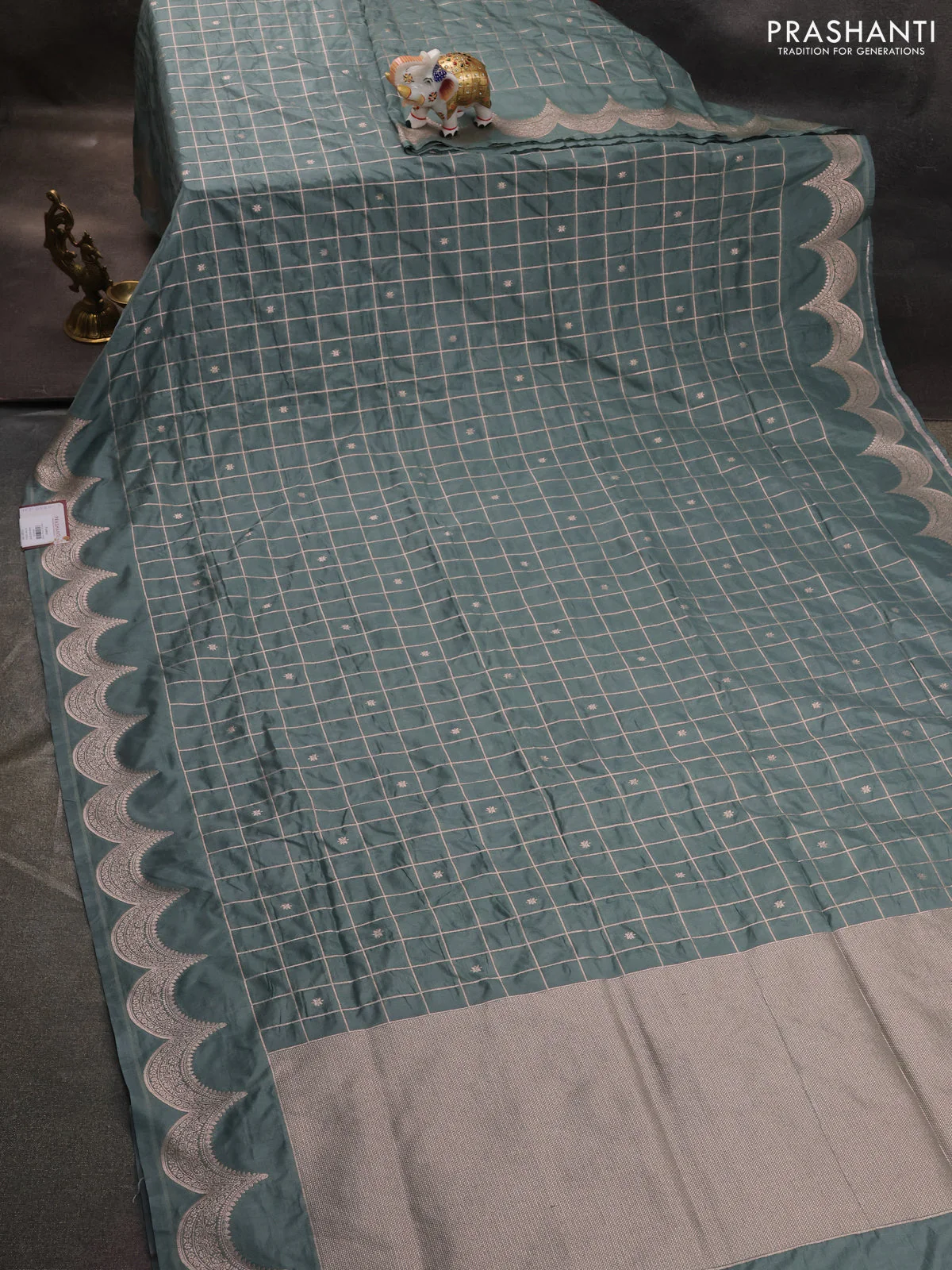 Banarasi semi katan saree pastel blue with allover zari checks and zari woven border - Image 2