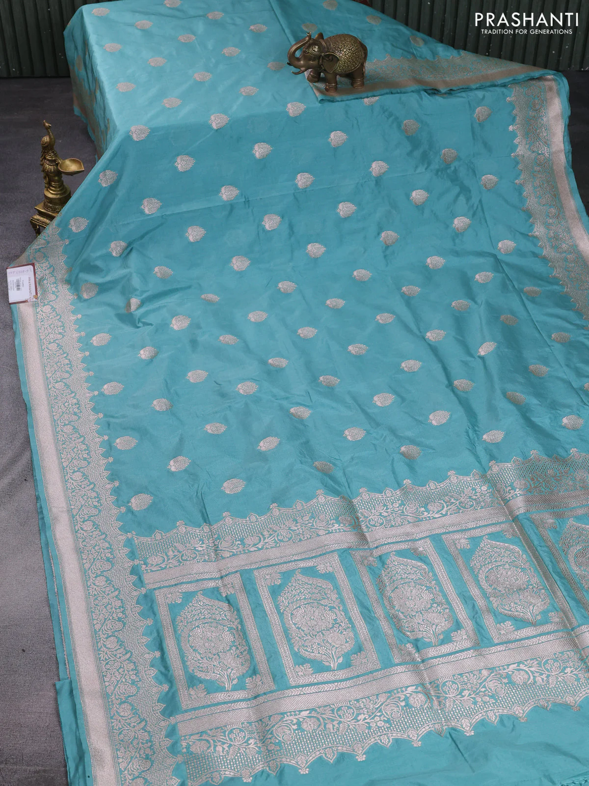 Banarasi semi katan saree pastel green with zari woven buttas and zari woven border - Image 2
