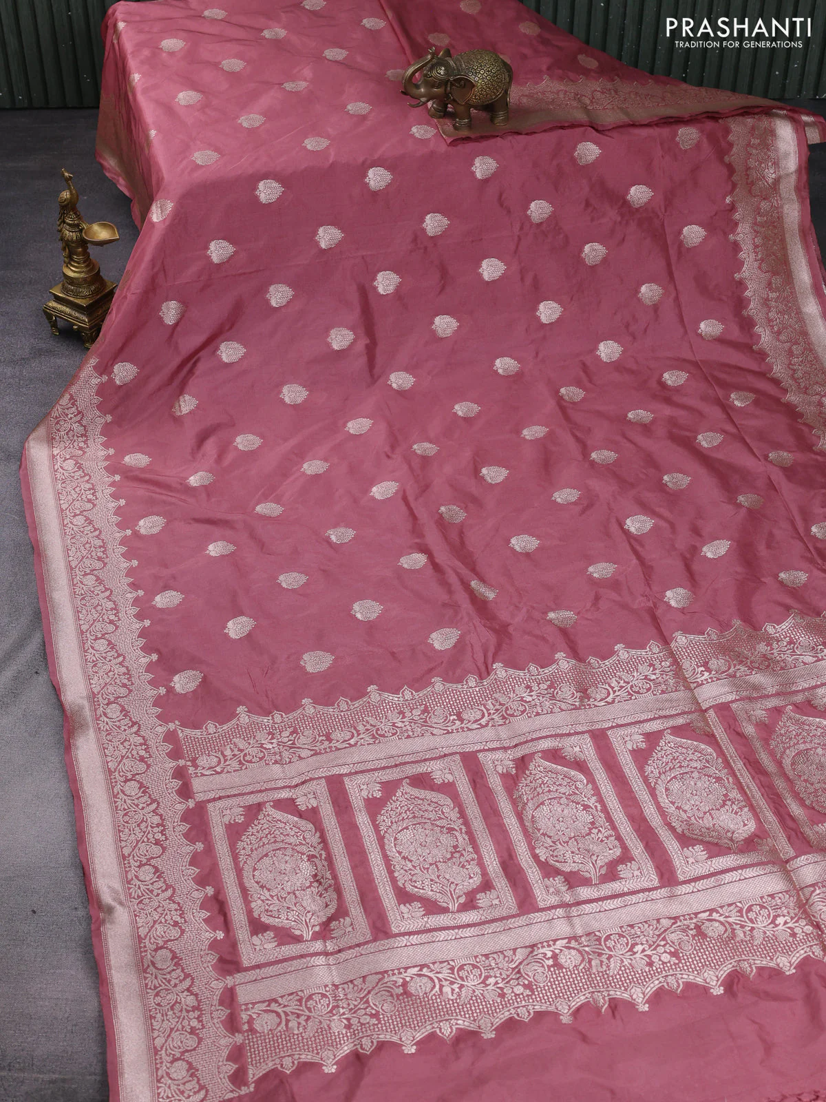 Banarasi semi katan saree pastel maroon with zari woven buttas and zari woven border - Image 2