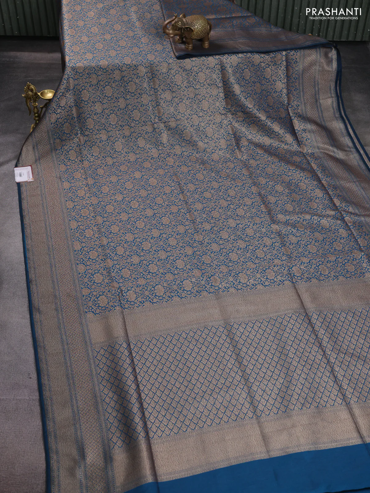 Banarasi semi katan saree peacock blue with allover thread & zari woven brocade pattern and woven border - Image 2