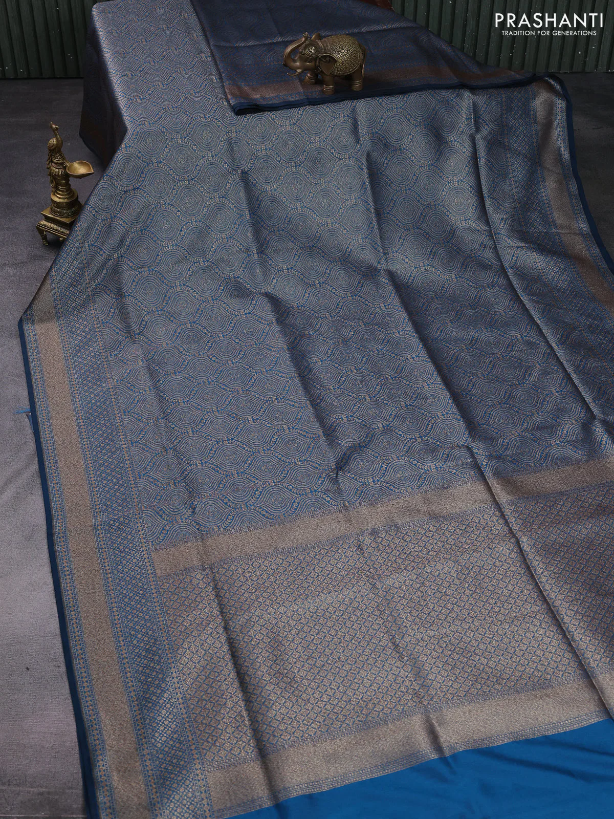 Banarasi semi katan saree peacock blue with allover thread & zari woven brocade weaves and woven border - Image 2