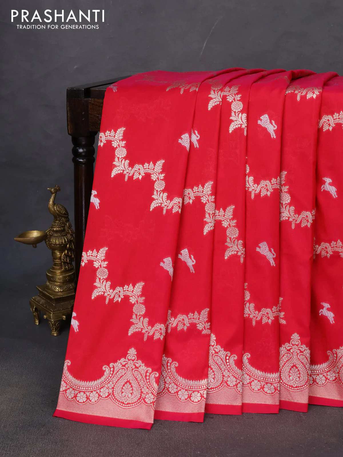 Banarasi semi katan saree reddish pink with silver & gold zari weaves and zari woven border