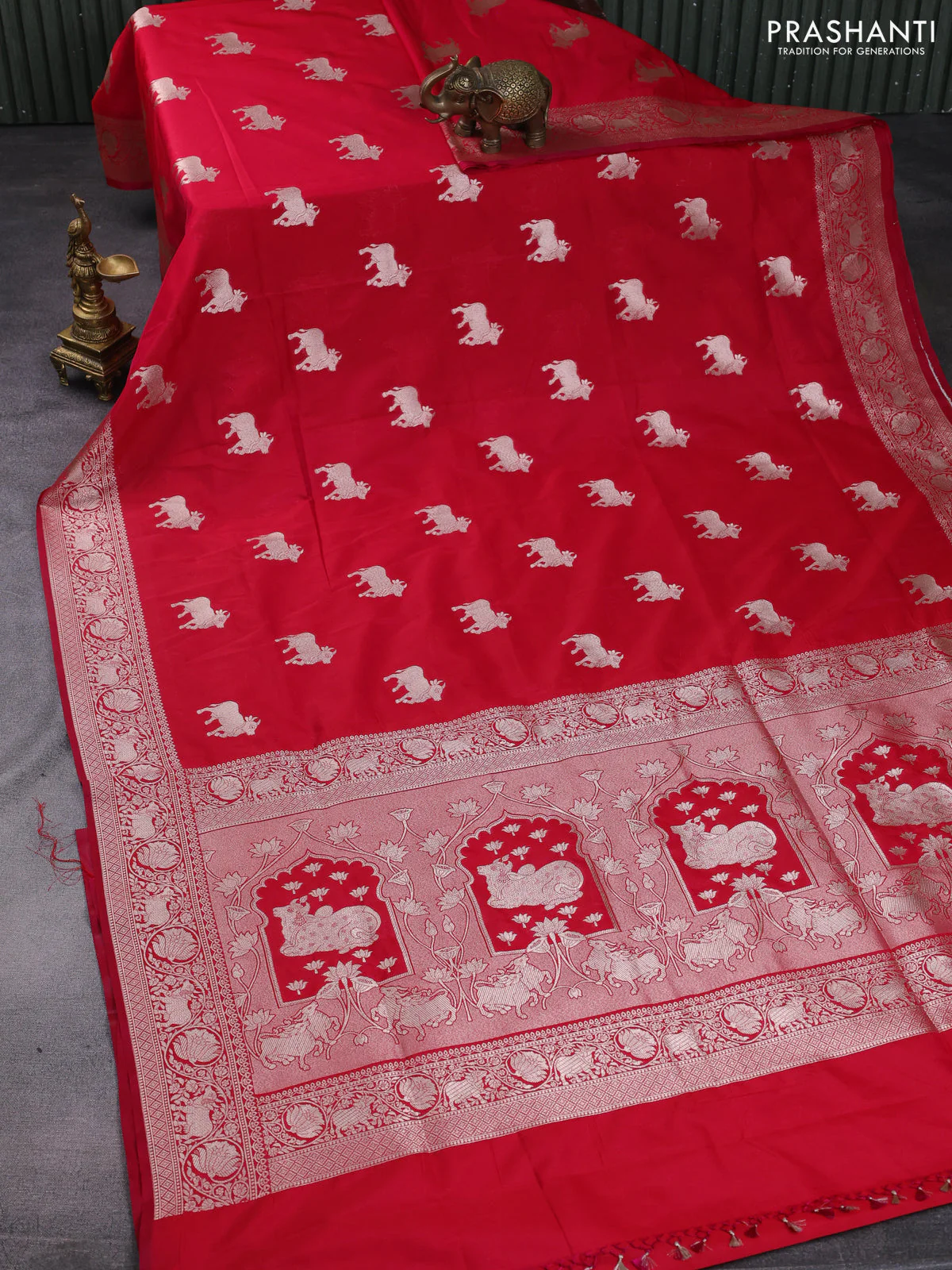 Banarasi semi katan saree reddish pink with zari woven buttas and zari woven border - Image 2
