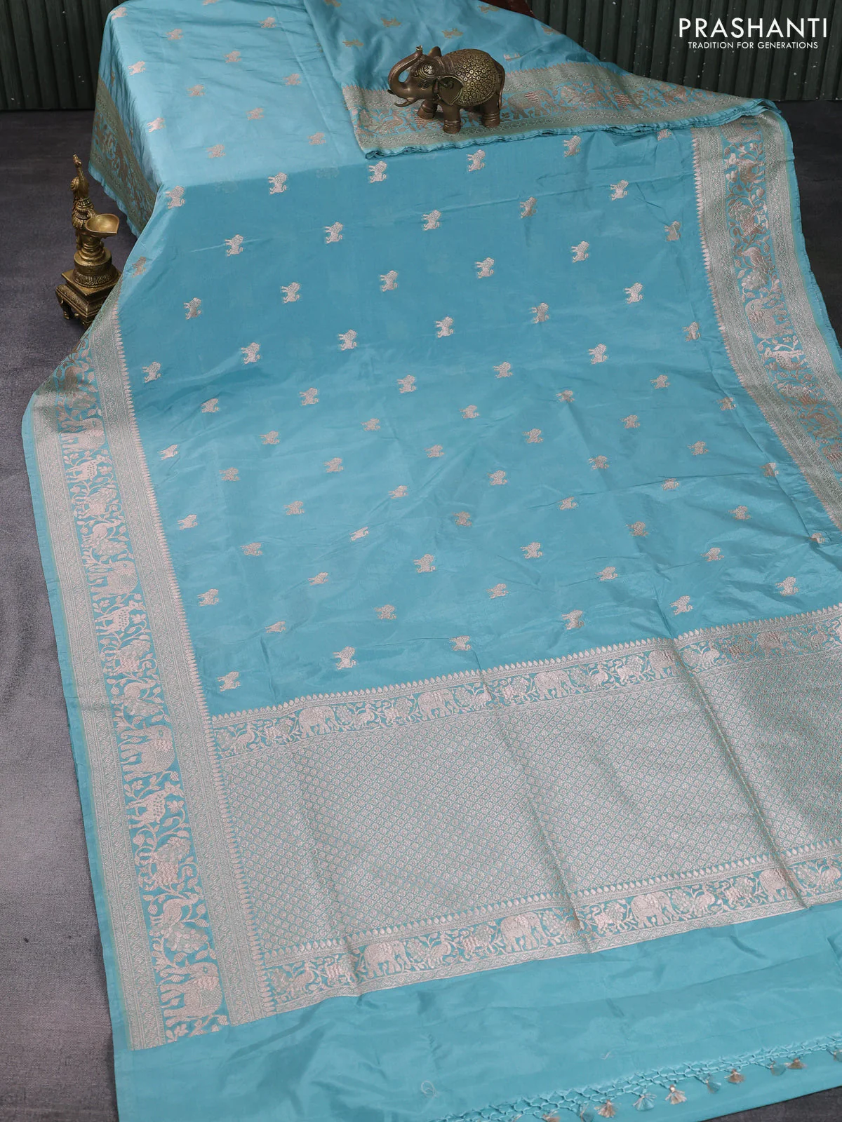 Banarasi semi katan saree teal blue with lion zari woven buttas and rich zari woven butta border - Image 2