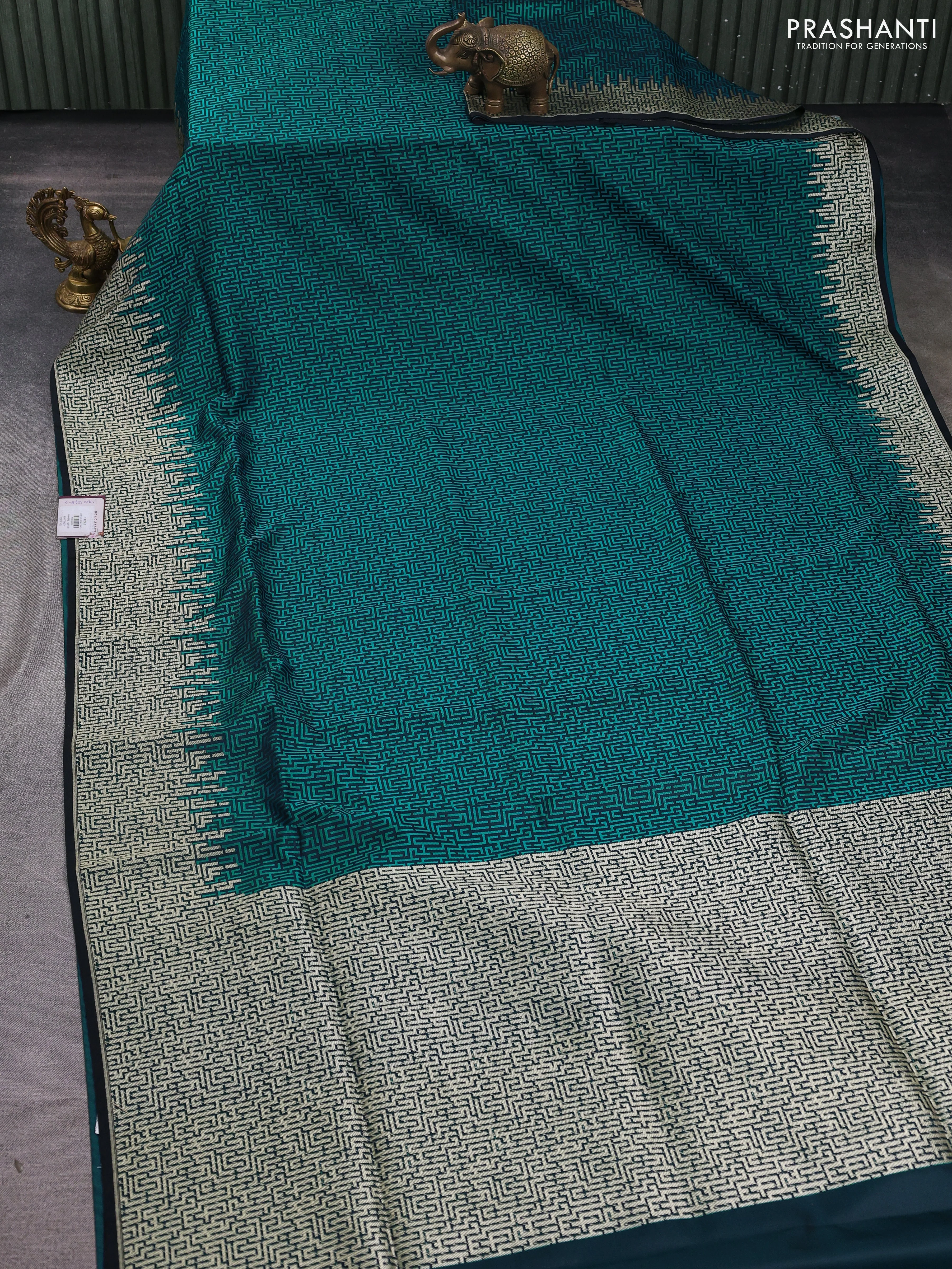 Banarasi semi katan silk saree black and teal green with allover self emboss and zari woven border - Image 2
