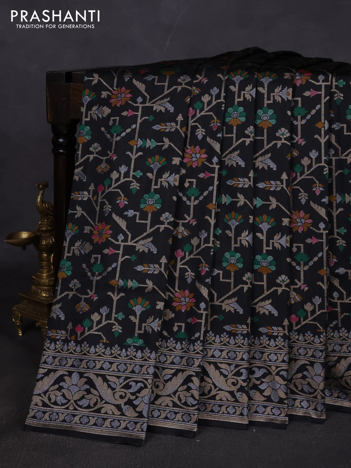 Banarasi semi katan silk saree black with allover jamdhani weaves and zari woven border