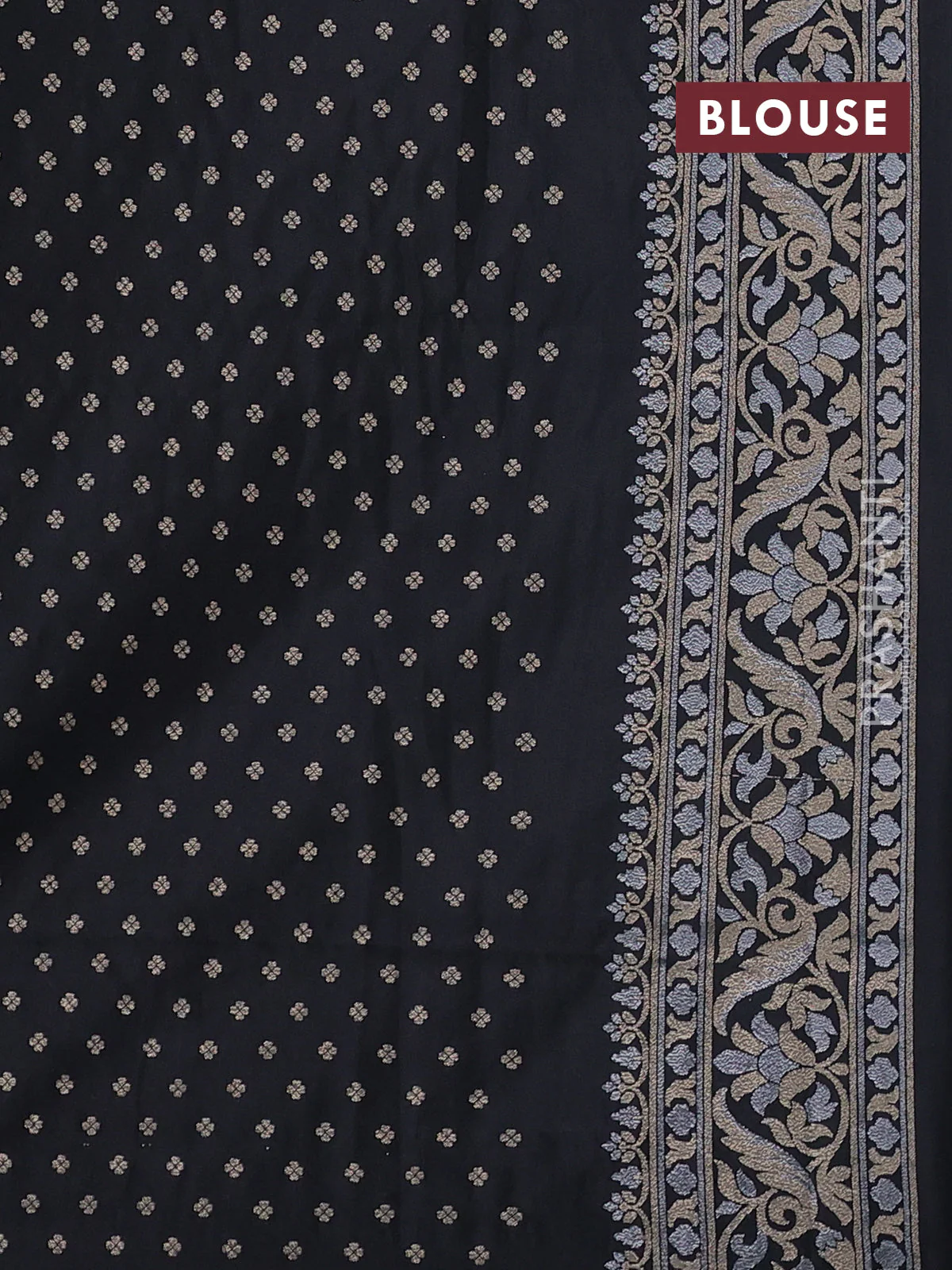 Banarasi semi katan silk saree black with allover jamdhani weaves and zari woven border - Image 3