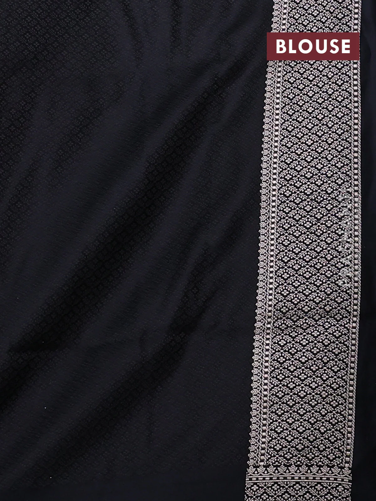 Banarasi semi katan silk saree black with allover self emboss and copper zari woven border - Image 3
