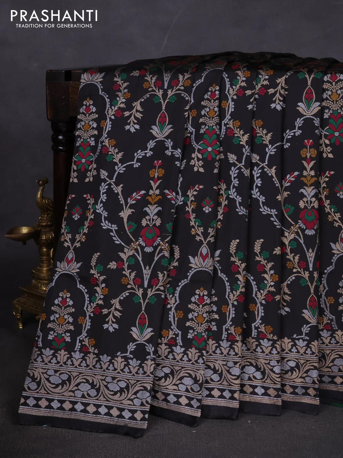 Banarasi semi katan silk saree black with allover silver & zari weaves and zari woven border
