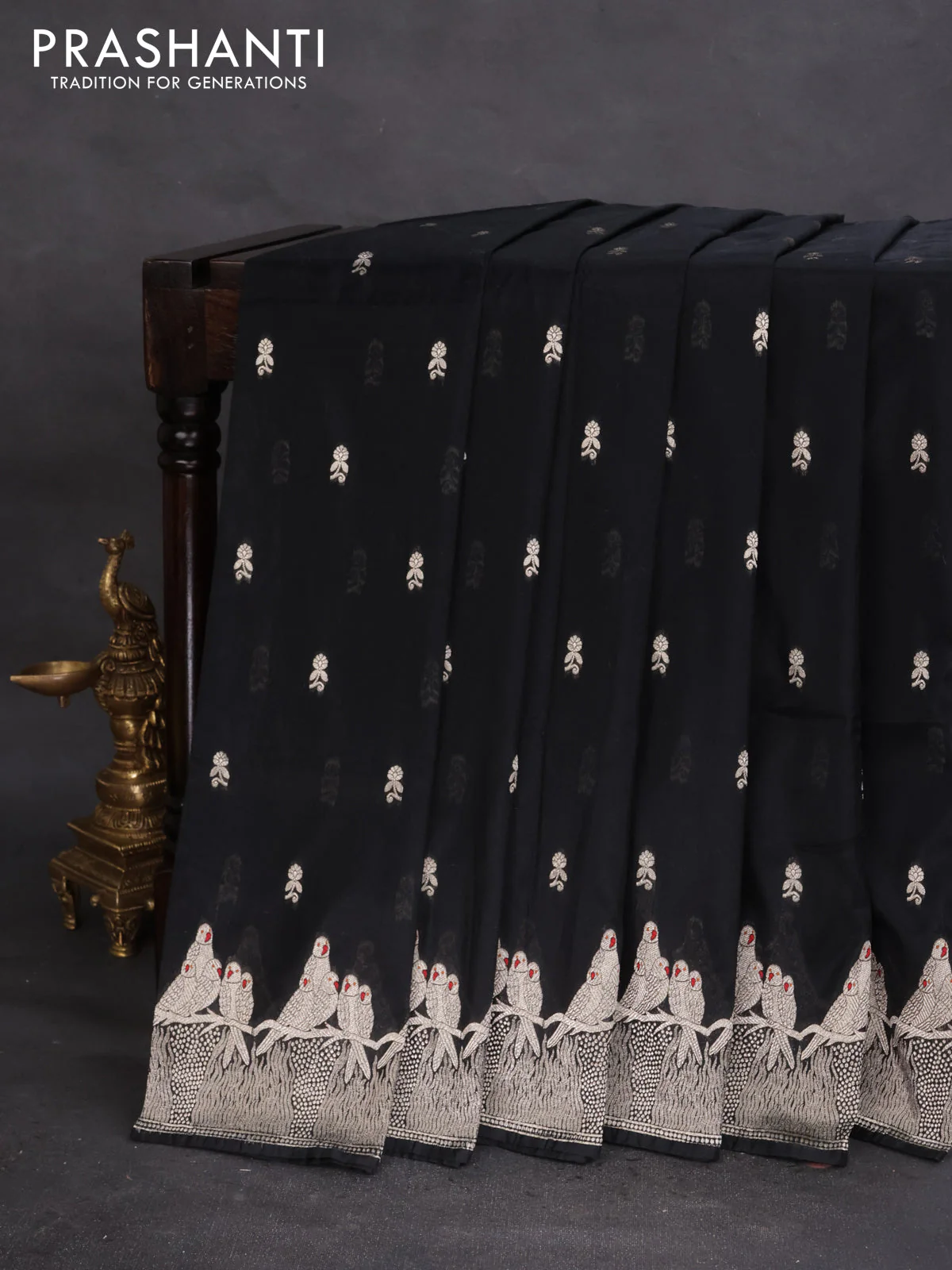 Banarasi semi katan silk saree black with allover zari woven buttas and parrot design zari woven border