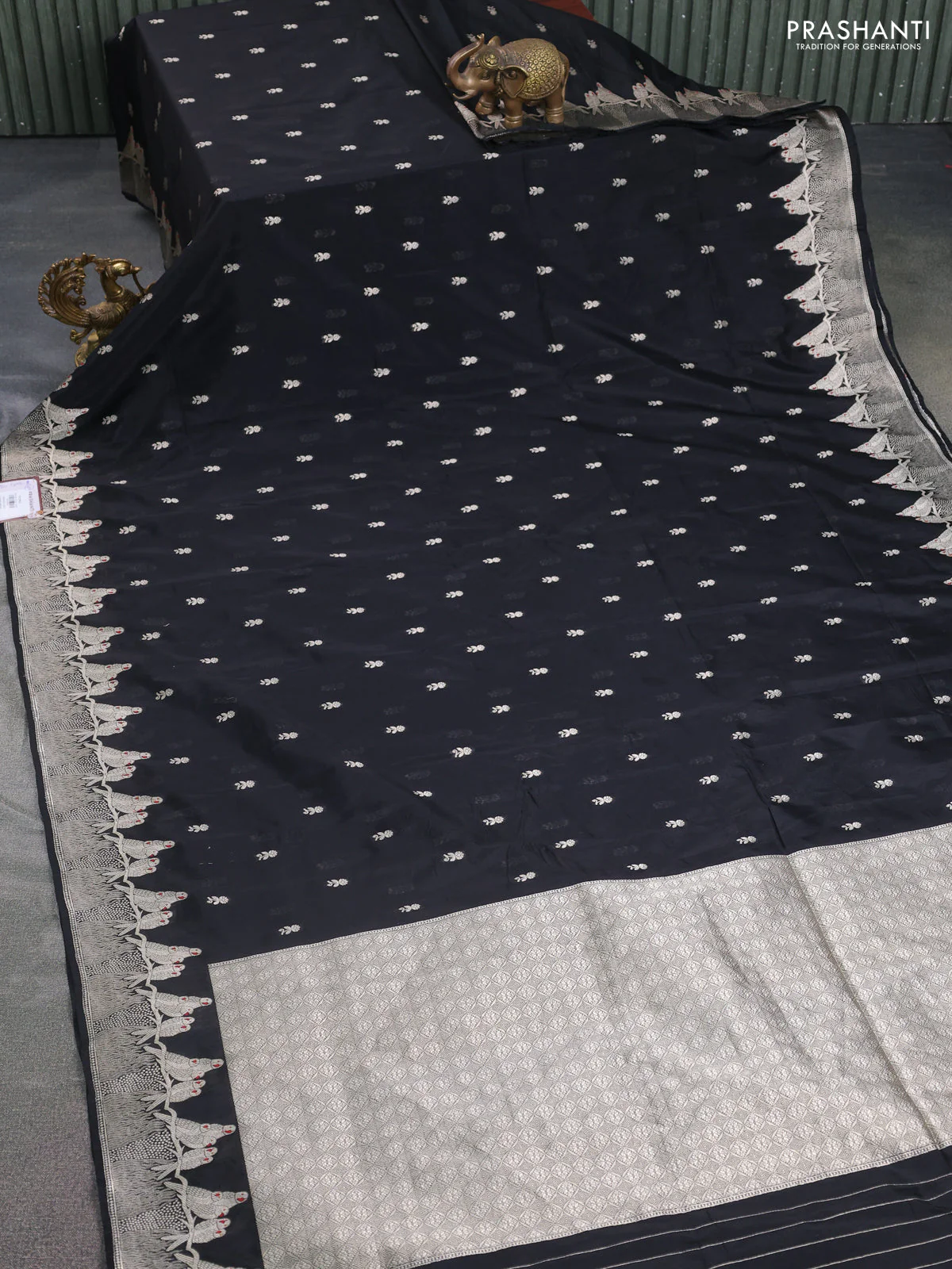 Banarasi semi katan silk saree black with allover zari woven buttas and parrot design zari woven border - Image 2