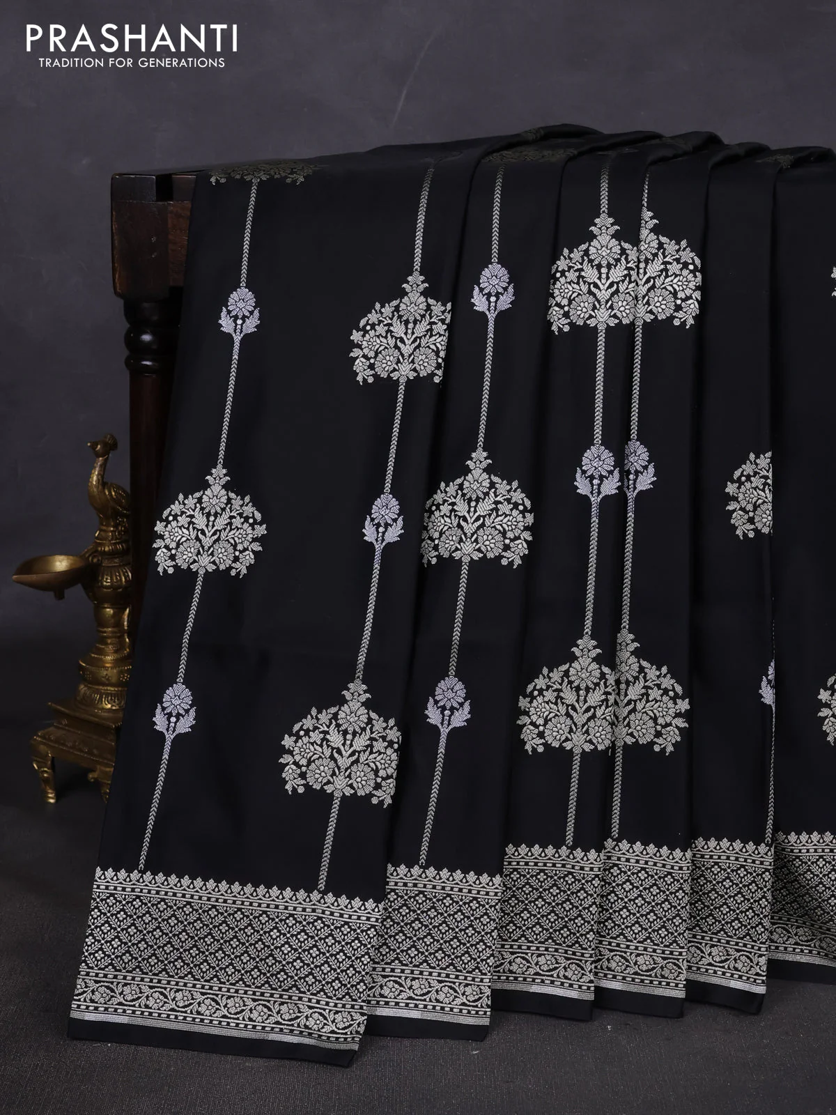 Banarasi semi katan silk saree black with alover zari weaves and zari woven border