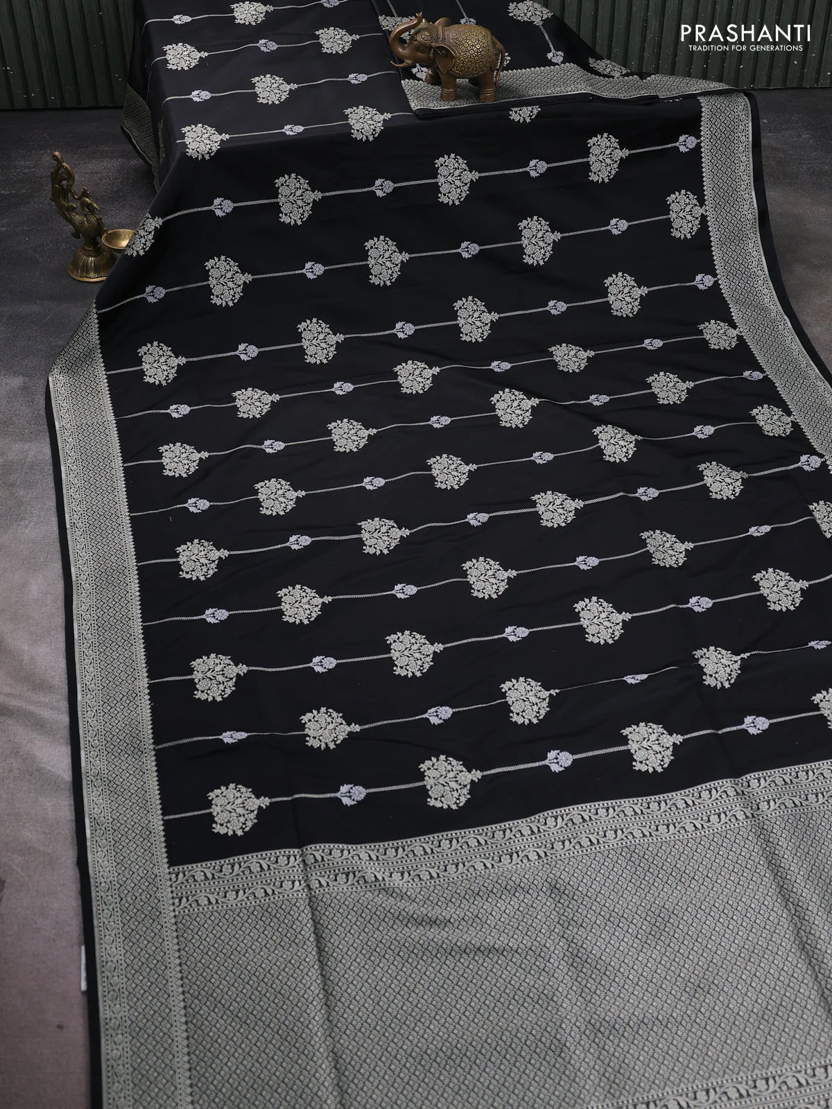 Banarasi semi katan silk saree black with alover zari weaves and zari woven border - Image 2