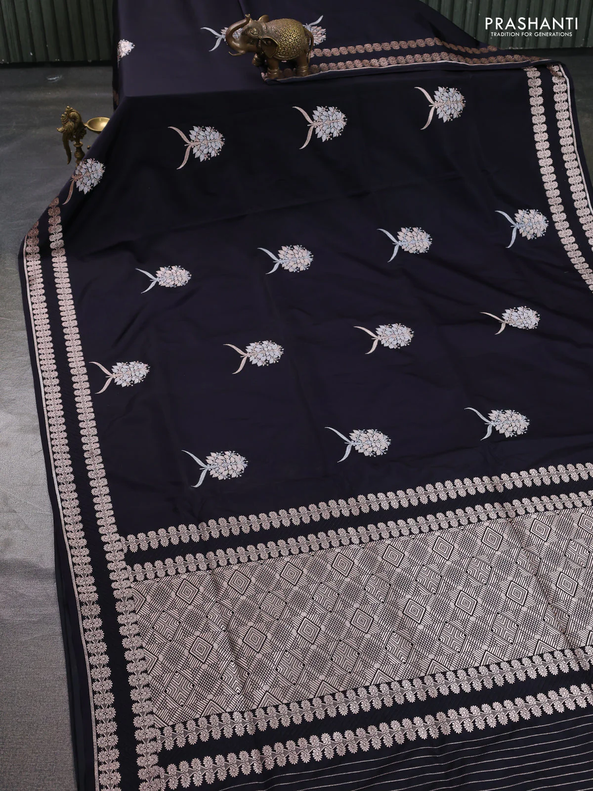 Banarasi semi katan silk saree black with thread & zari woven buttas and zari woven border - Image 2
