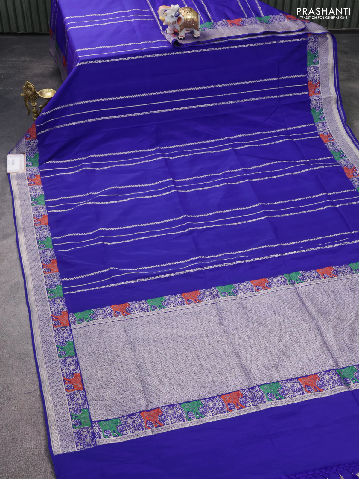 Banarasi semi katan silk saree blue with allover zari weaves and rich zari woven border - Image 2