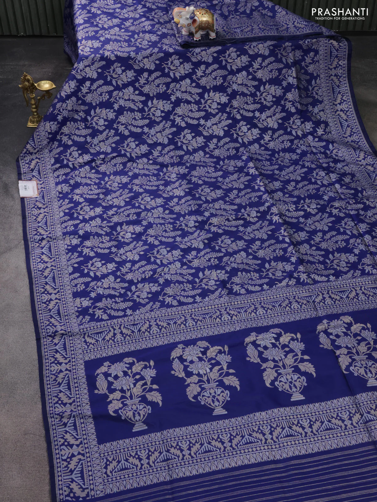 Banarasi semi katan silk saree blue with allover zari weaves and zari woven border - Image 2