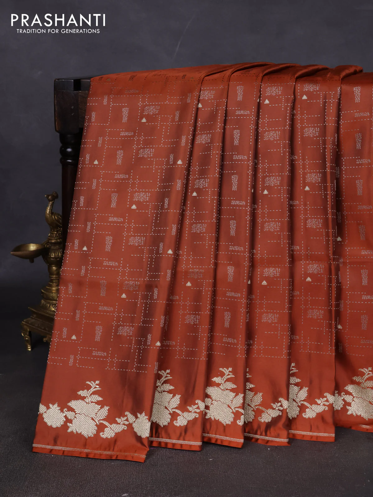 Banarasi semi katan silk saree brown with allover thread weaves & zari woven buttas and zari woven border