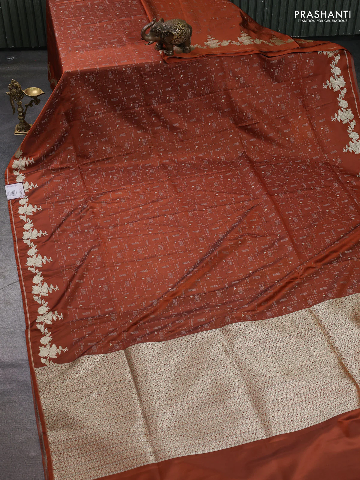 Banarasi semi katan silk saree brown with allover thread weaves & zari woven buttas and zari woven border - Image 2