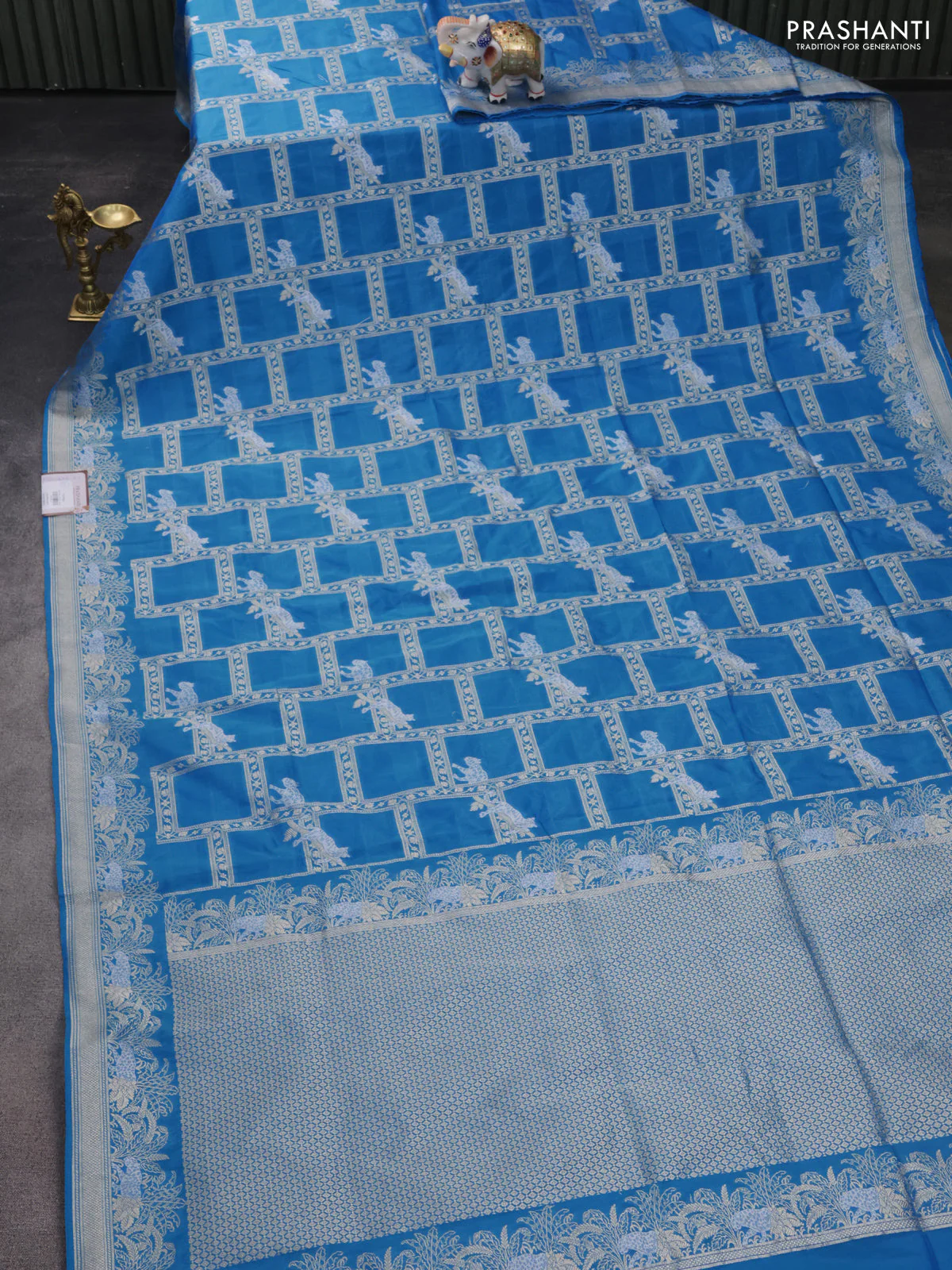Banarasi semi katan silk saree cs blue with allover silver & gold zari weaves and zari woven border - Image 2