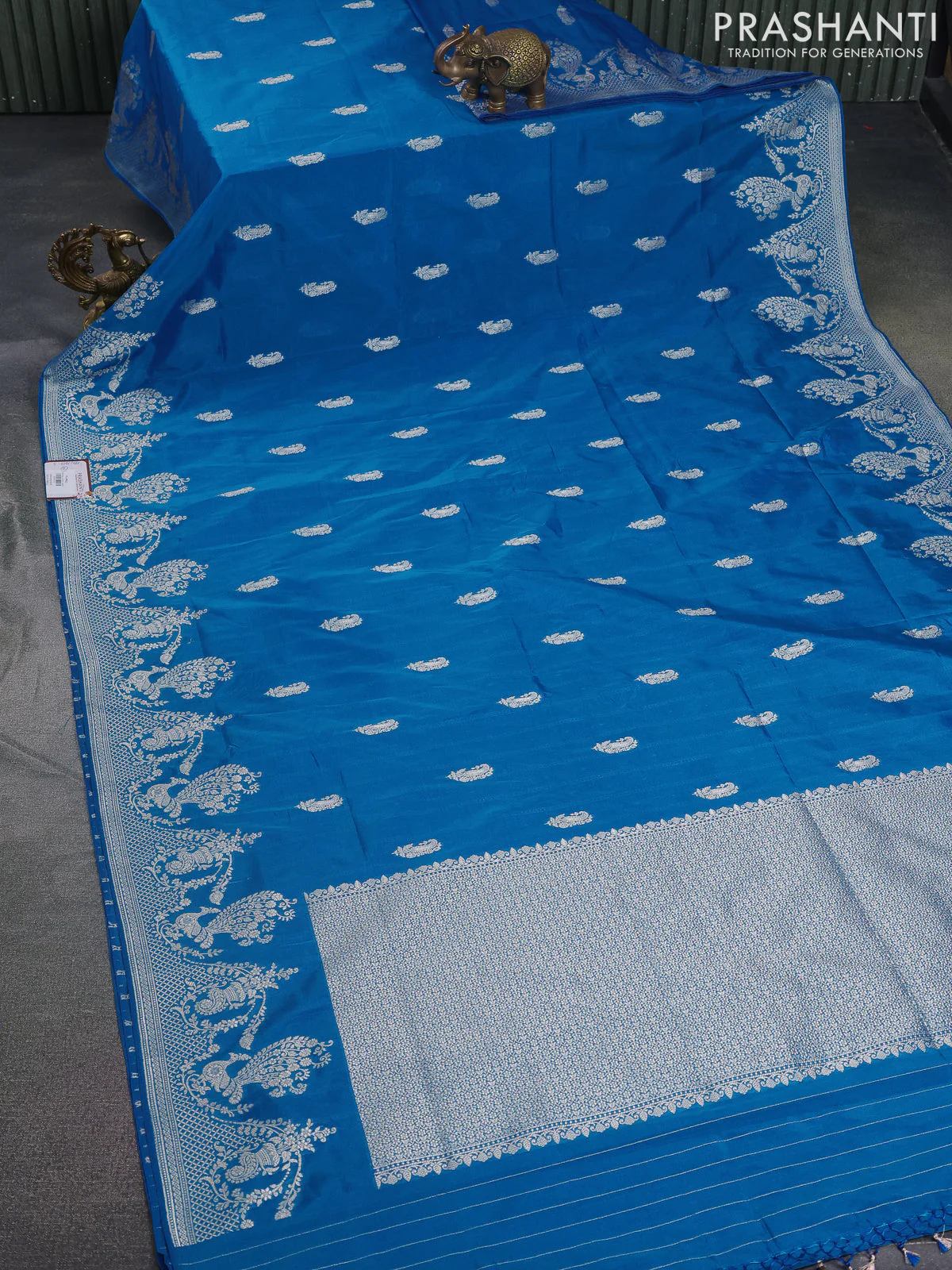 Banarasi semi katan silk saree cs blue with zari woven buttas and rich zari woven border - Image 2