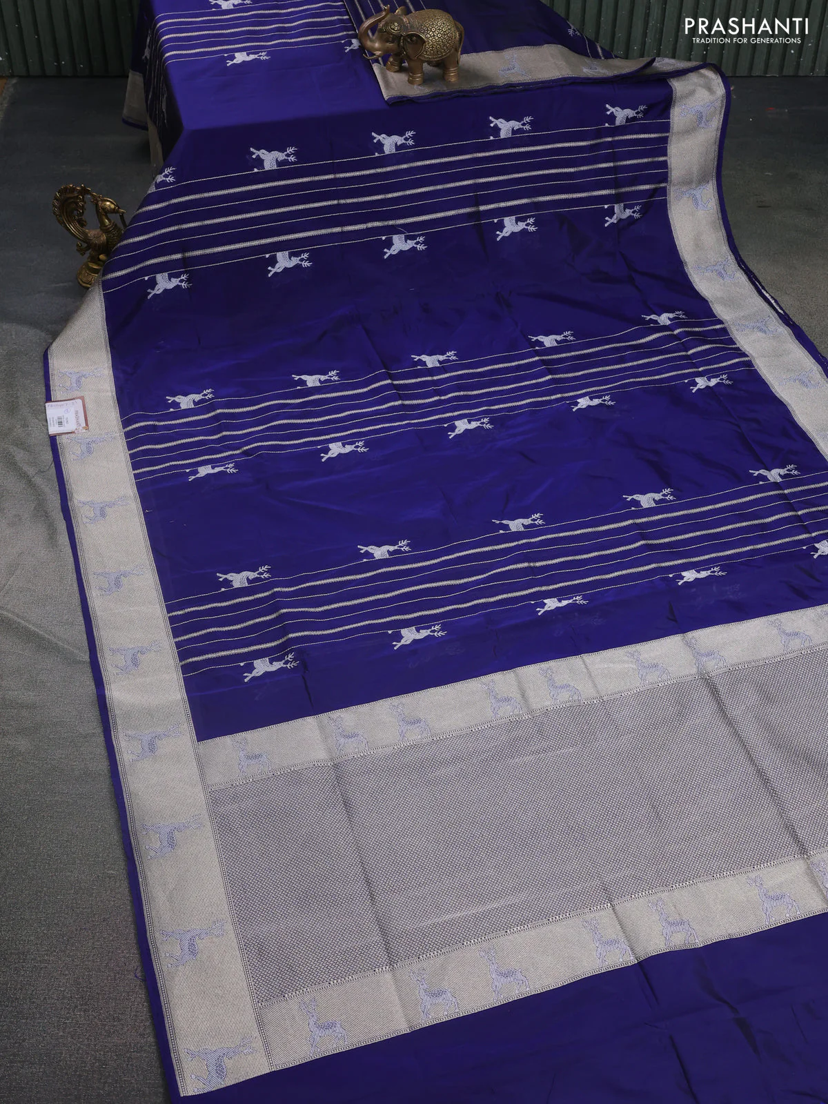 Banarasi semi katan silk saree dark blue with allover silver & gold zari weaves and deer design zari woven border - Image 2