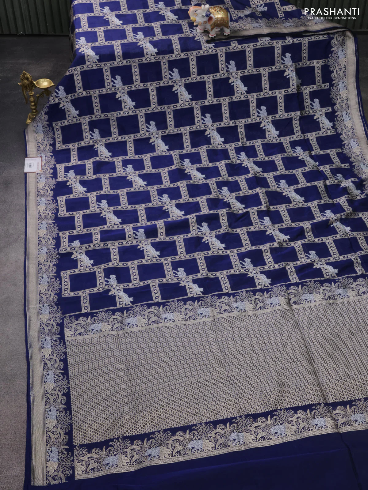 Banarasi semi katan silk saree dark blue with allover silver & gold zari weaves and zari woven border - Image 2
