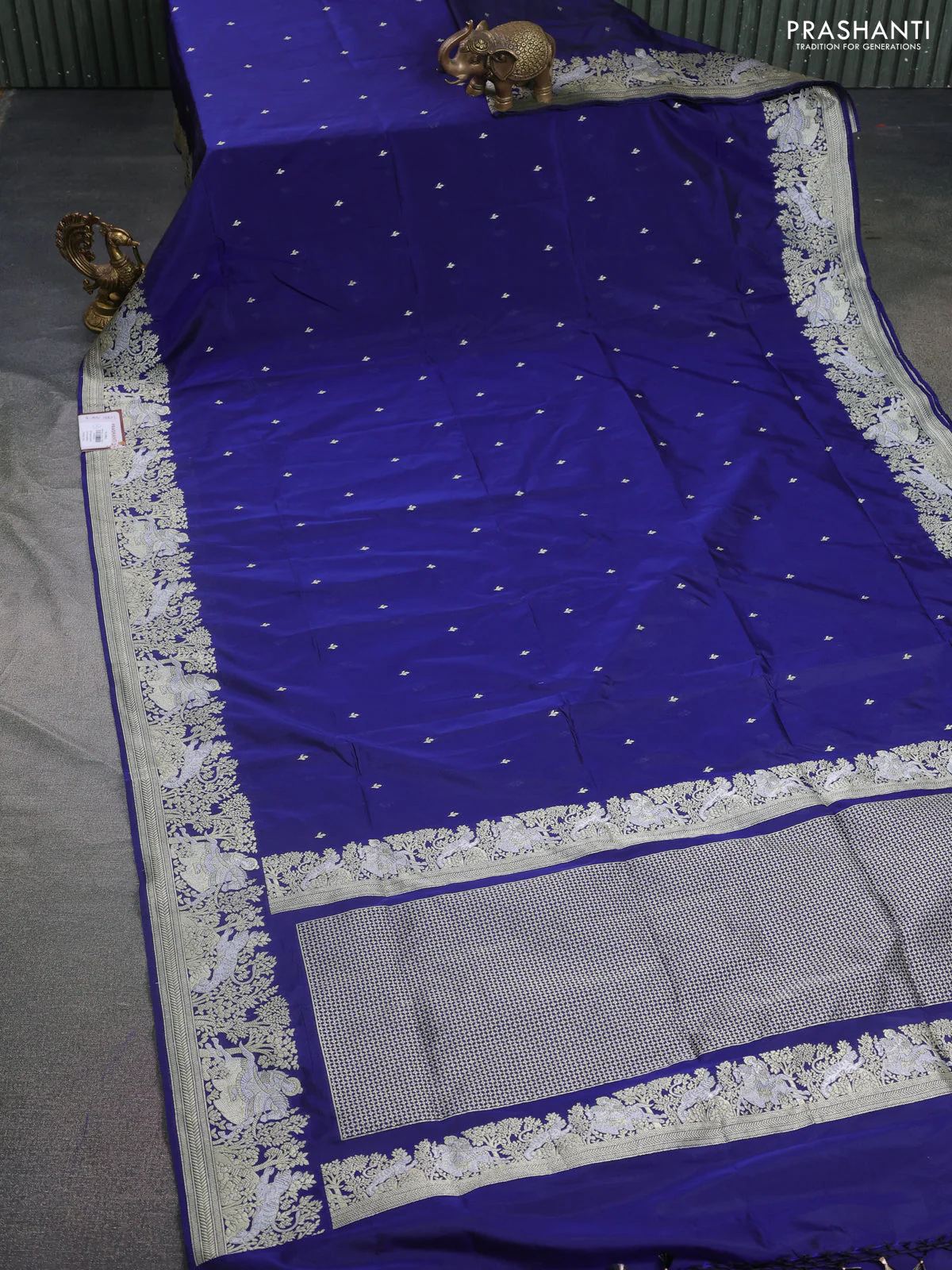 Banarasi semi katan silk saree dark blue with silver zari woven buttas and rich zari woven border - Image 2