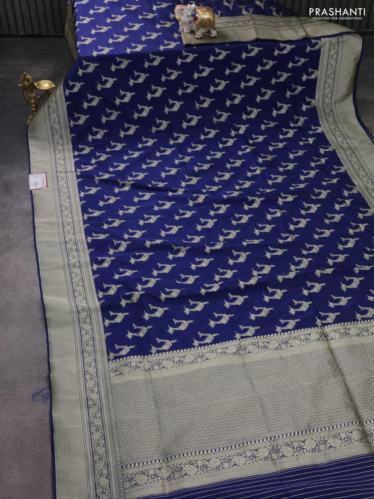 Banarasi semi katan silk saree dark blue with zari woven buttas and zari woven border - Image 2