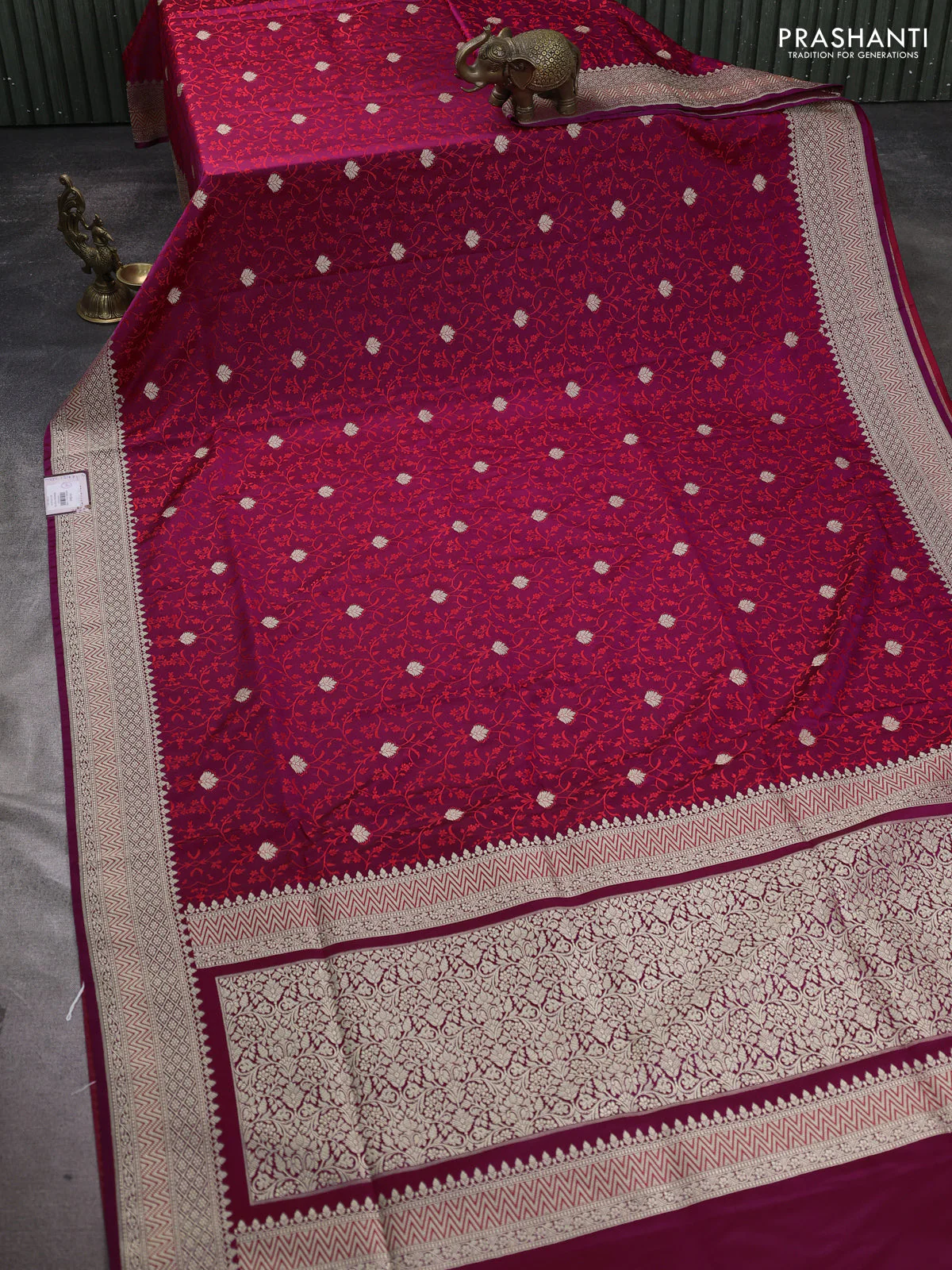 Banarasi semi katan silk saree dark megenta pink with allover self emboss & zari buttas and zari woven border - Image 2