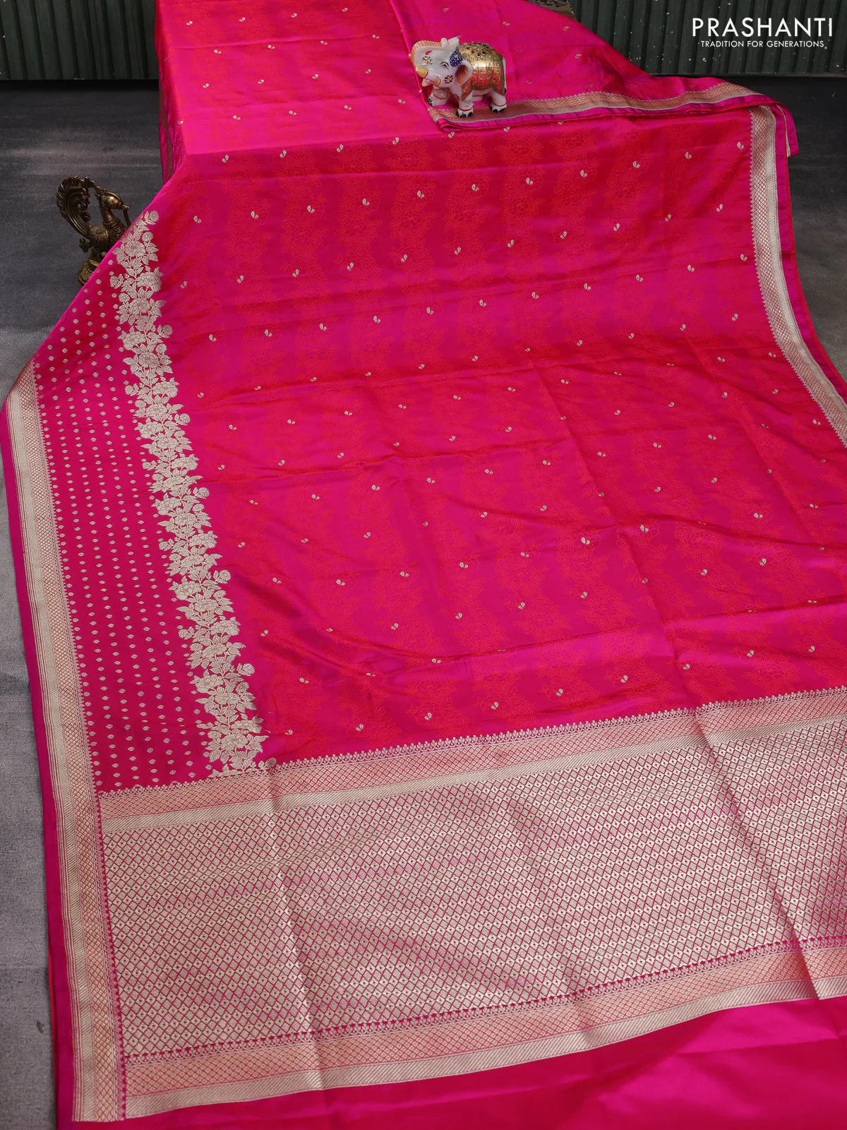 Banarasi semi katan silk saree dark pink with allover floral self emboss & zari woven buttas and zari woven border - Image 2