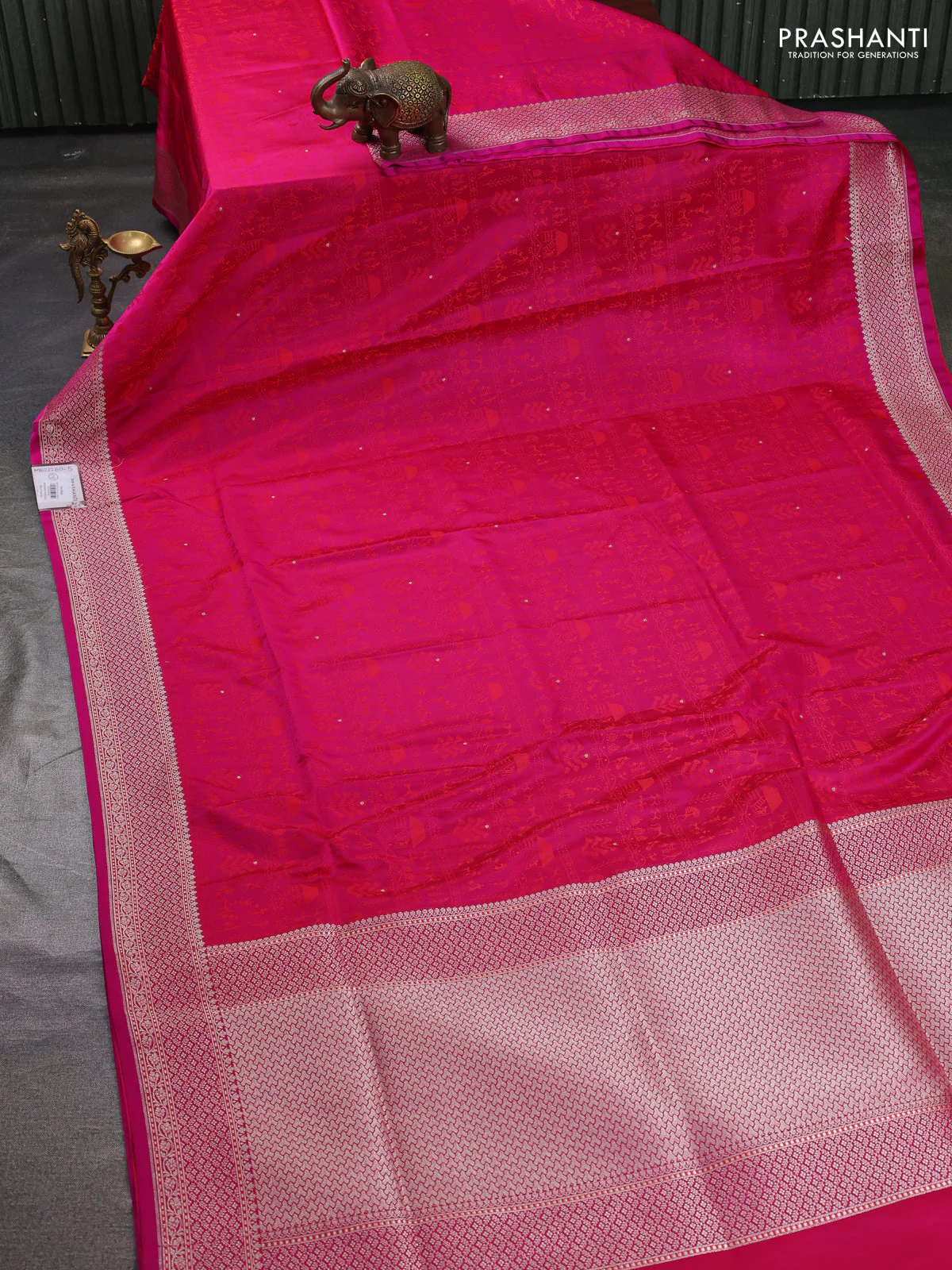 Banarasi semi katan silk saree dark pink with allover self emboss and copper zari woven border - Image 2