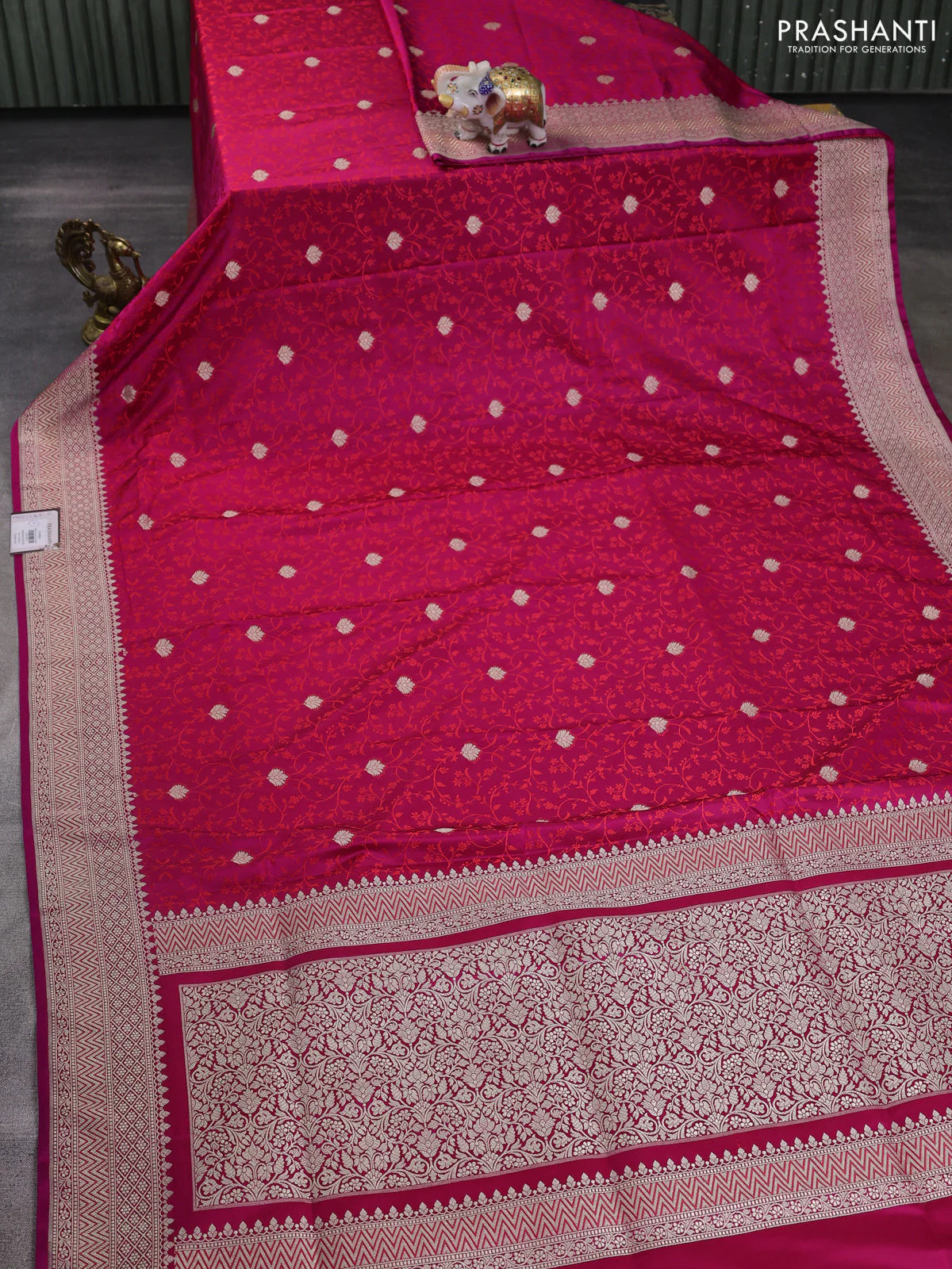 Banarasi semi katan silk saree dark pink with allover self emboss & zari buttas and zari woven border - Image 2