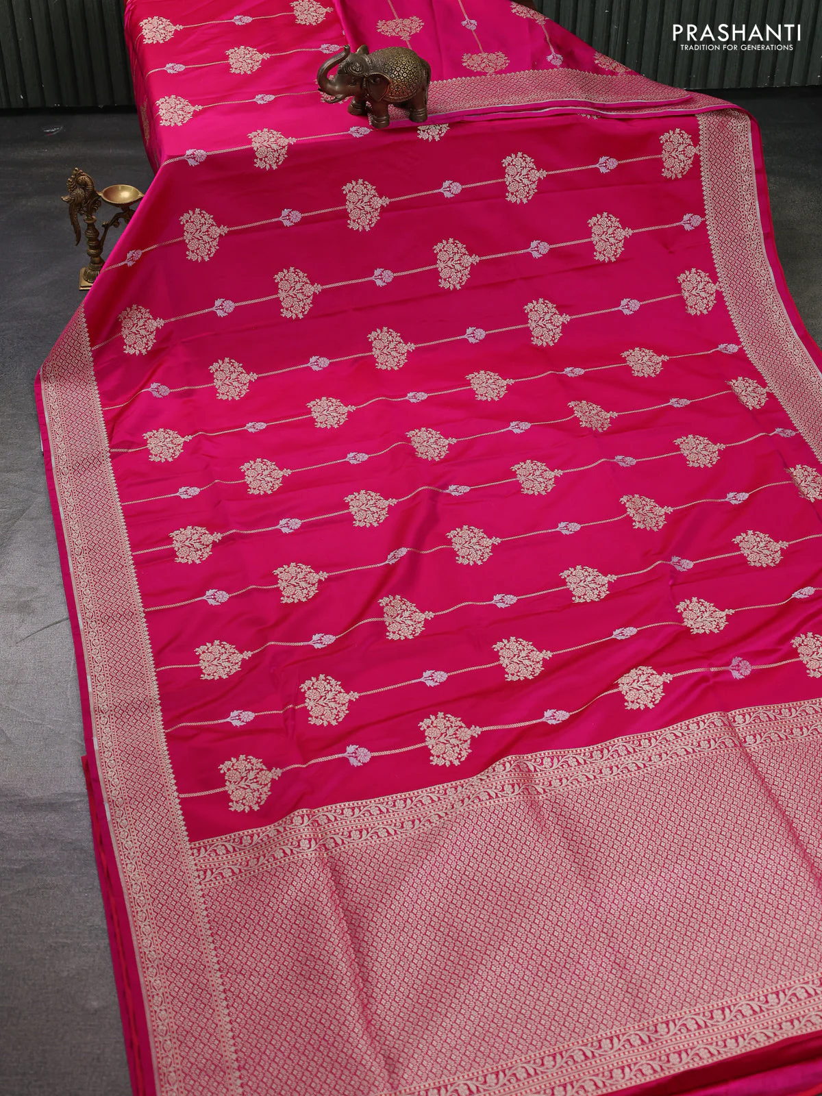 Banarasi semi katan silk saree dark pink with alover zari weaves and zari woven border - Image 2