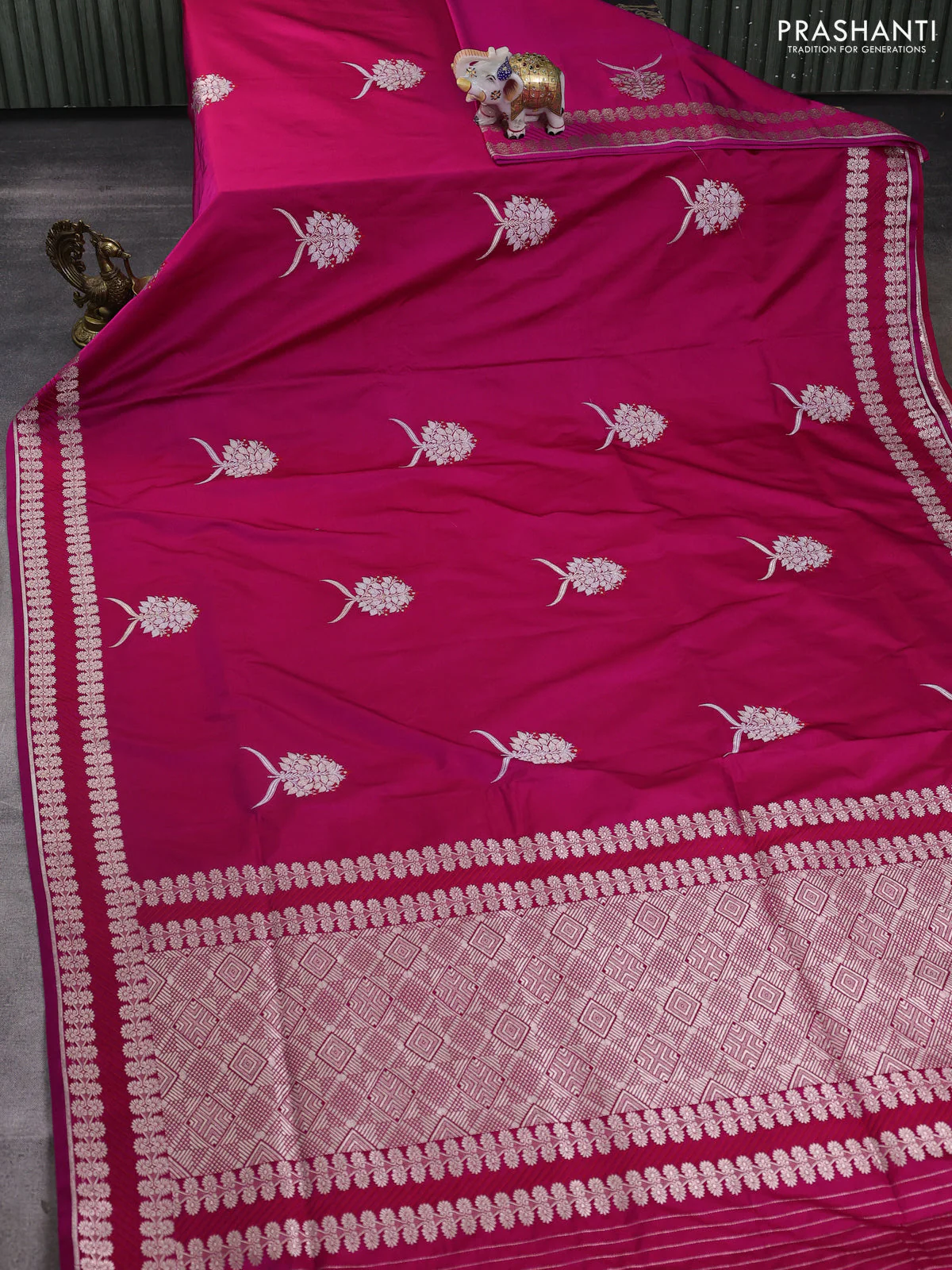 Banarasi semi katan silk saree dark pink with thread & zari woven buttas and zari woven border - Image 2
