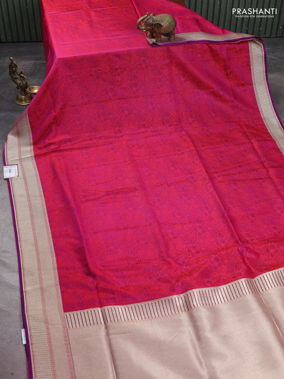 Banarasi semi katan silk saree deep purple with allover floral self emboss and zari woven border - Image 2