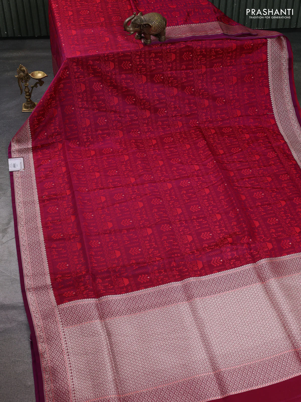 Banarasi semi katan silk saree deep purple with allover self emboss and copper zari woven border - Image 2