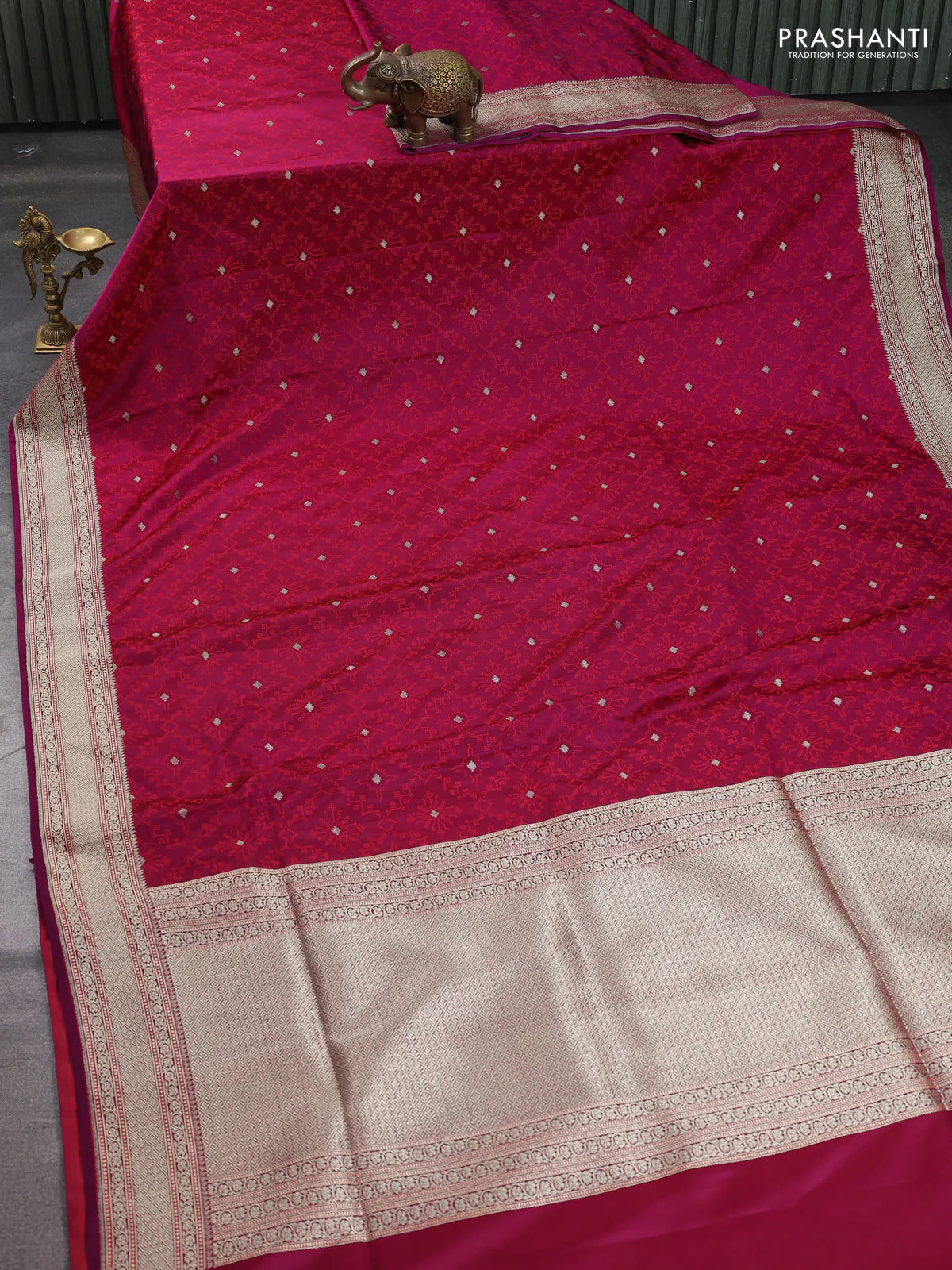 Banarasi semi katan silk saree deep purple with allover self emboss & zari buttas and zari woven border - Image 2