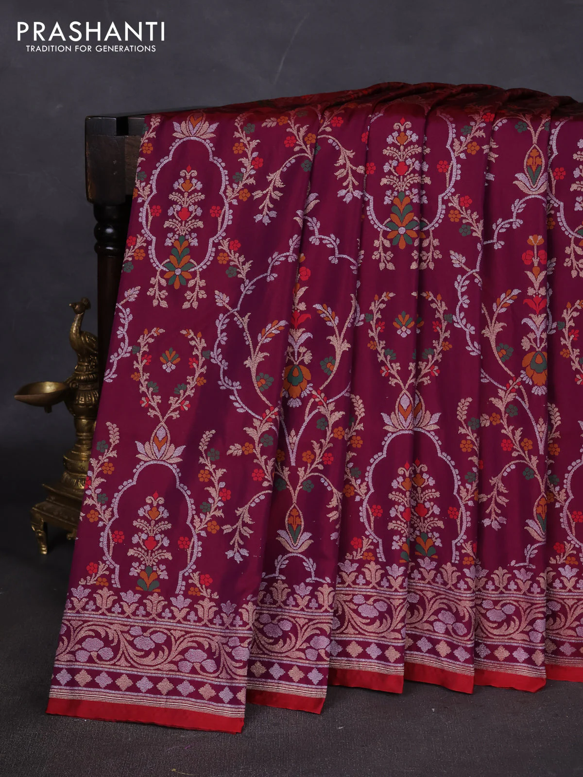 Banarasi semi katan silk saree deep purple with allover silver & zari weaves and zari woven border