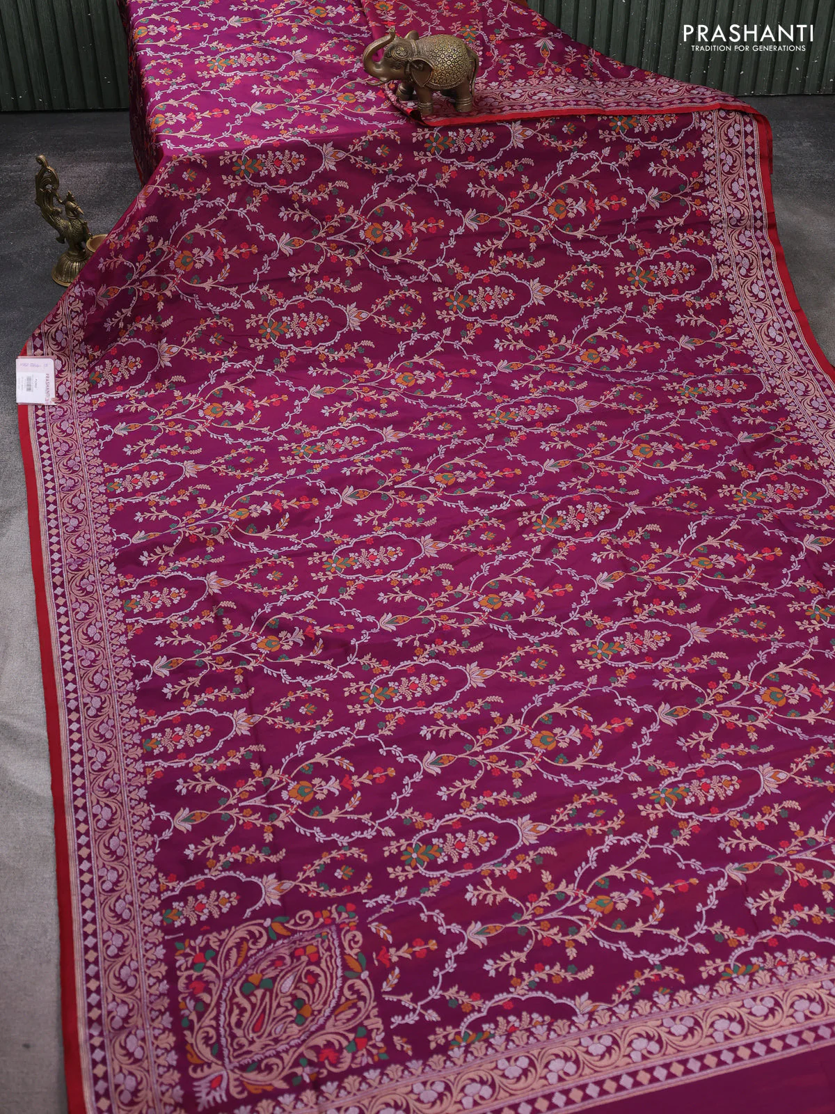 Banarasi semi katan silk saree deep purple with allover silver & zari weaves and zari woven border - Image 2