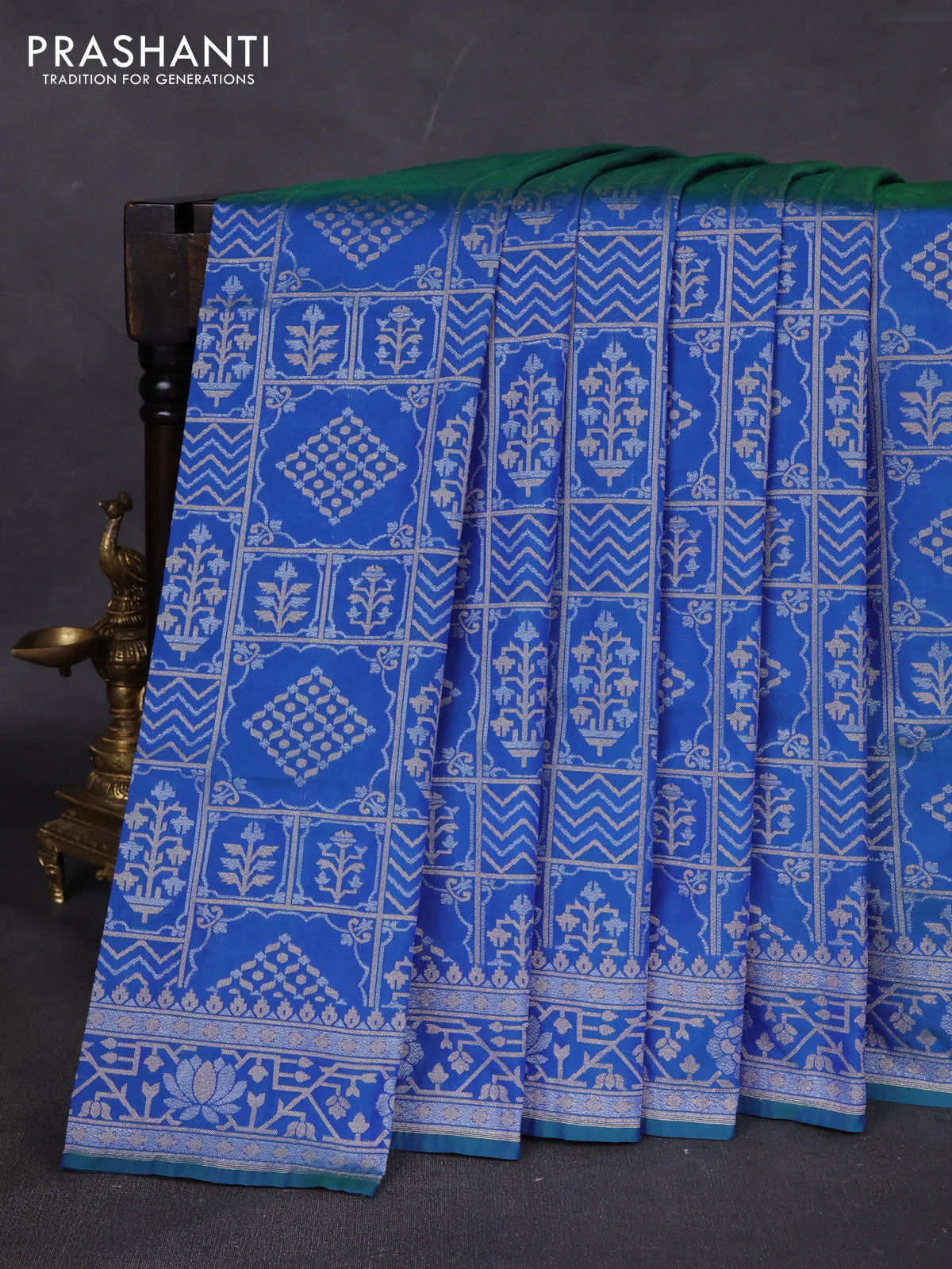 Banarasi semi katan silk saree dual shade of bluish green with allover silver & gold zari woven buttas and zari woven border