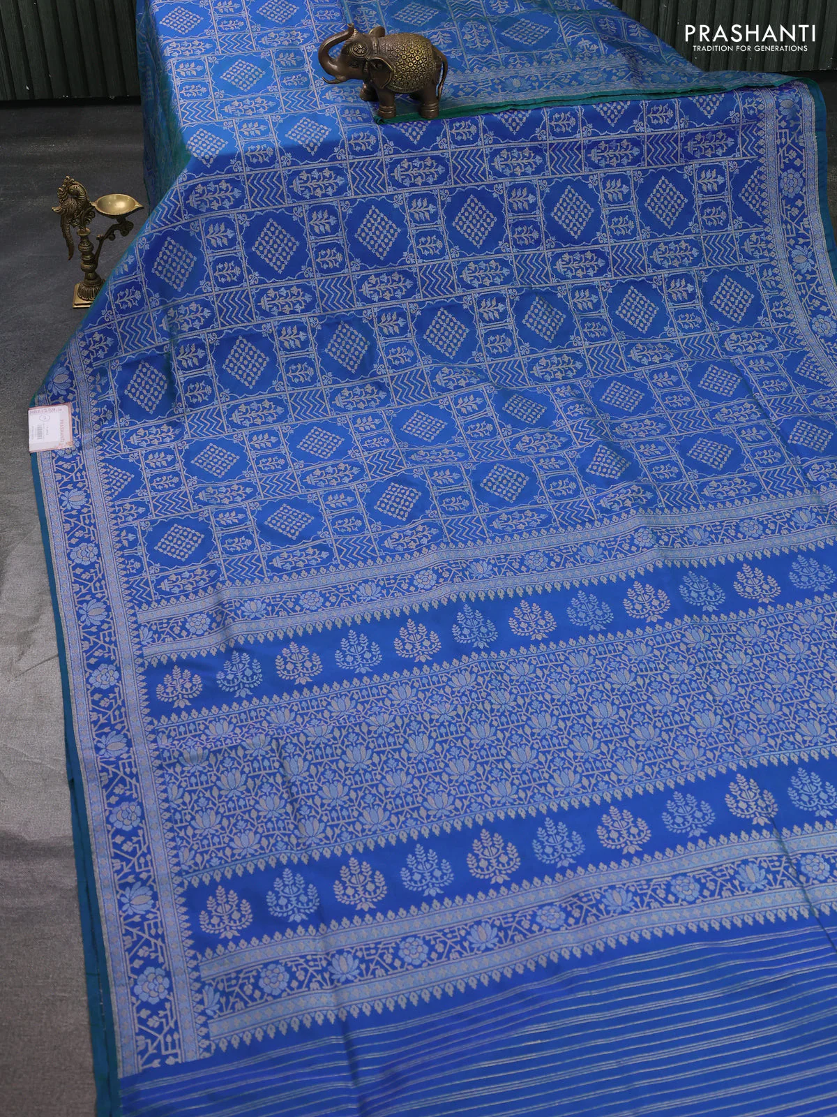 Banarasi semi katan silk saree dual shade of bluish green with allover silver & gold zari woven buttas and zari woven border - Image 2